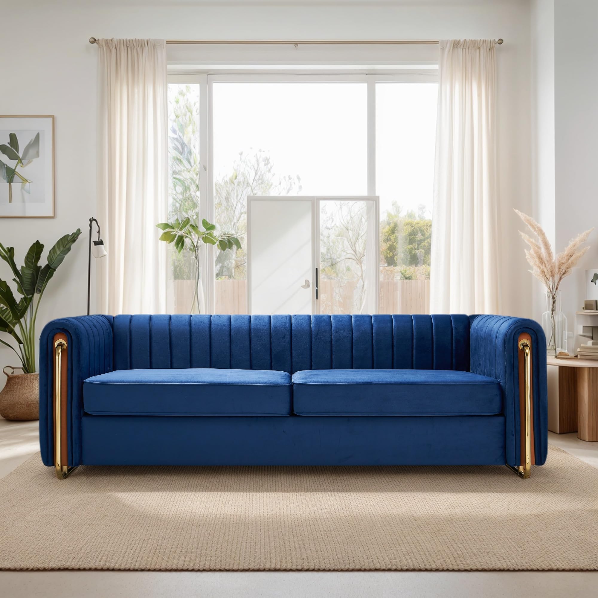 KEIKI 84" Velvet Deep Channel Tufted Sofa with Back Cushions and Rolled Arms, Modern Style 3-Seater Couch with Golden Polished Steel Legs, Easy Assembly, for Living Room, Bedroom, Office, Blue