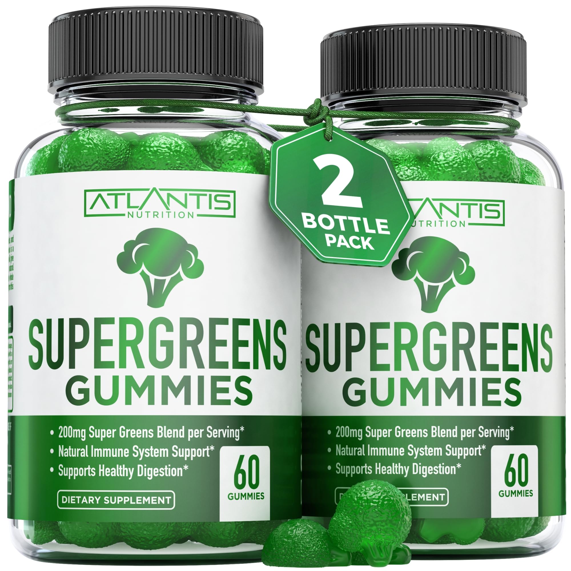 Supergreens Gummies 2-Pack Daily Green Supplement w/Spinach, Broccoli, Moringa, Beet Root, Celery, Green Tea, & Acai for Immunity Support - W/Natural Raspberry Flavor - Contains 120 Supergreen Gummy
