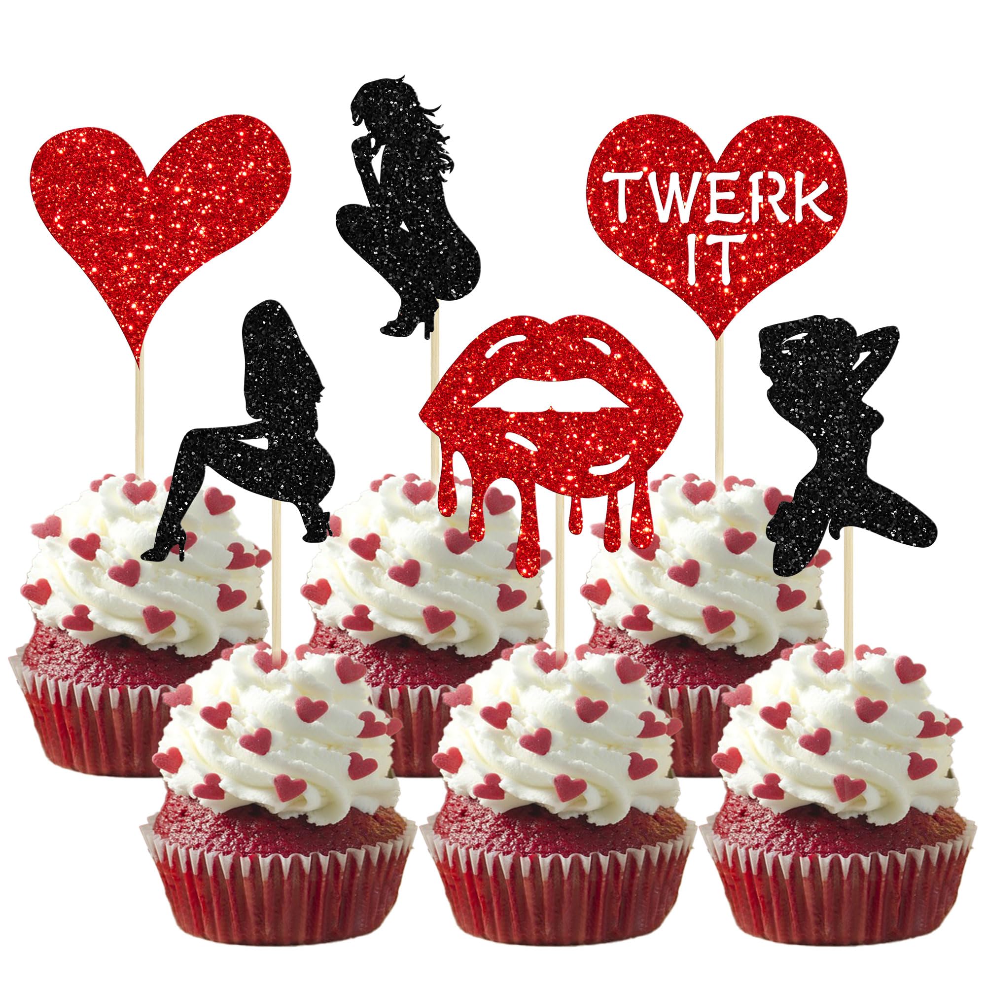 Gyufise 24 Pack Valentine's Day Cupcake Toppers - Glitter Twerk Heart Lipstick Picks, Bachelorette Party Decor - View #5