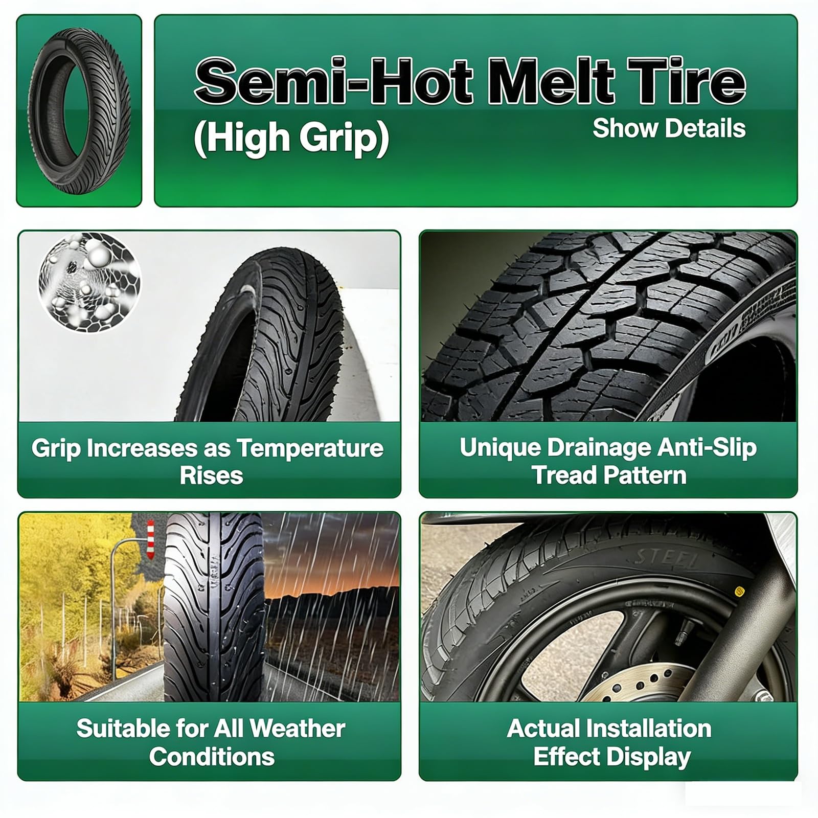 90/80-12 Pneumatico Tubeless, Design Antiscivolo ad Alta Aderenza, 90/80/12 Resistente ai Fori, Composto Semi-Hot Melt for Bicicletta Elettrici, Motorini e E-Bike, Compatibile Anteriore e Posteriore