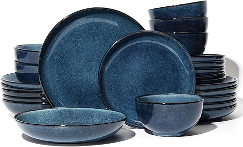 Vista 23 de Juego de vajilla de 24 piezas para 8, platos y cuencos modernos de gres, perfectos para reuniones familiares y celebraciones festivas, vajilla fácil
