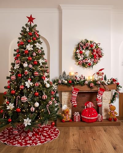 Miniatura 2 de Valery Madelyn Guirnalda de Navidad preiluminada de 9 pies con luces para manto, guirnalda de Navidad iluminada al aire libre con bolas rojas y