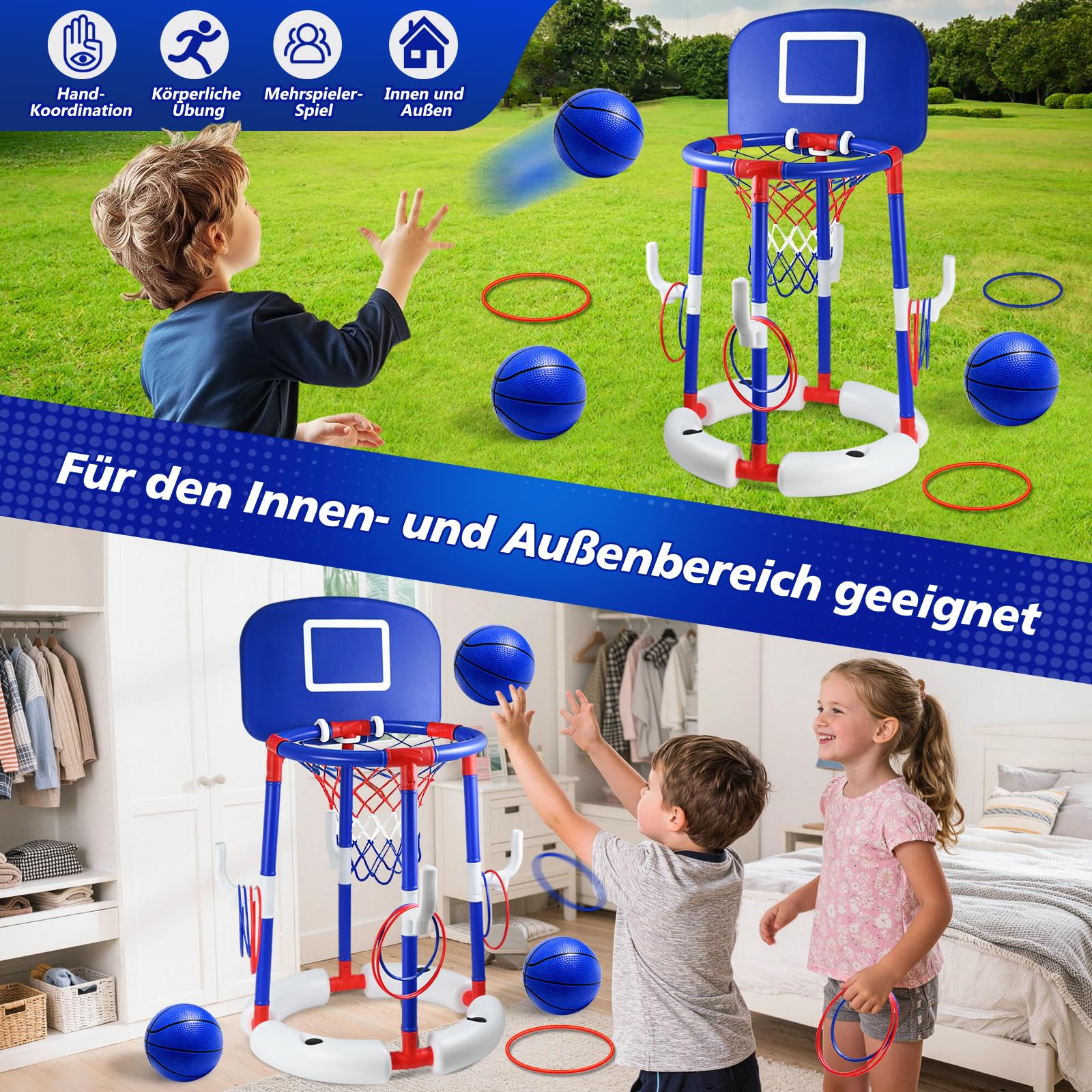 Joellfuner Canestro da Basket per Piscina, Canestro Piscina Galleggiante, Set da Canestro Basket Piscina, con 6 Palloni e Pompa, Gioco Acqua Cerchi da Lancio, Giochi Piscina per Bambini Adulti (Blu)