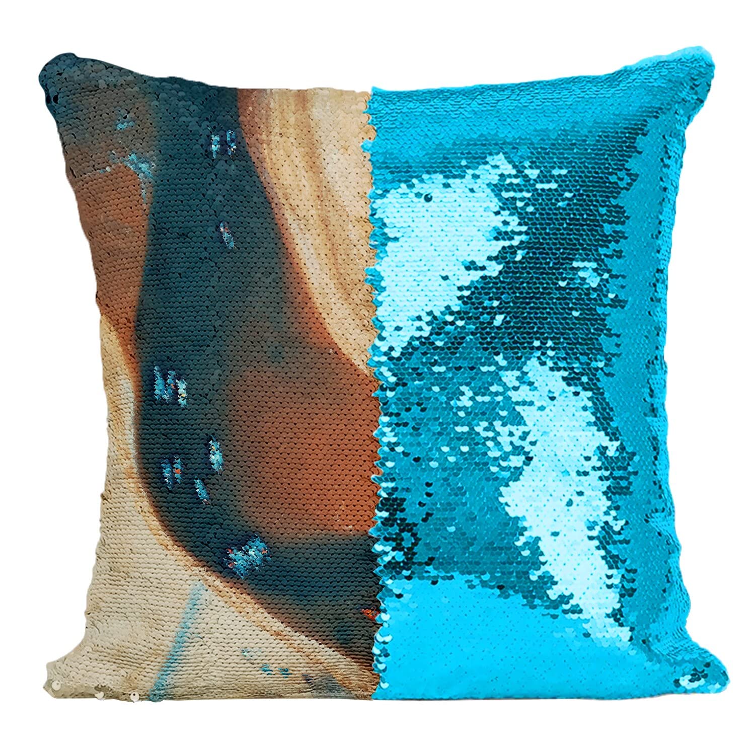 Coussin Sequin Turquoise avec Motif Plage de Sable Fin et Bateaux