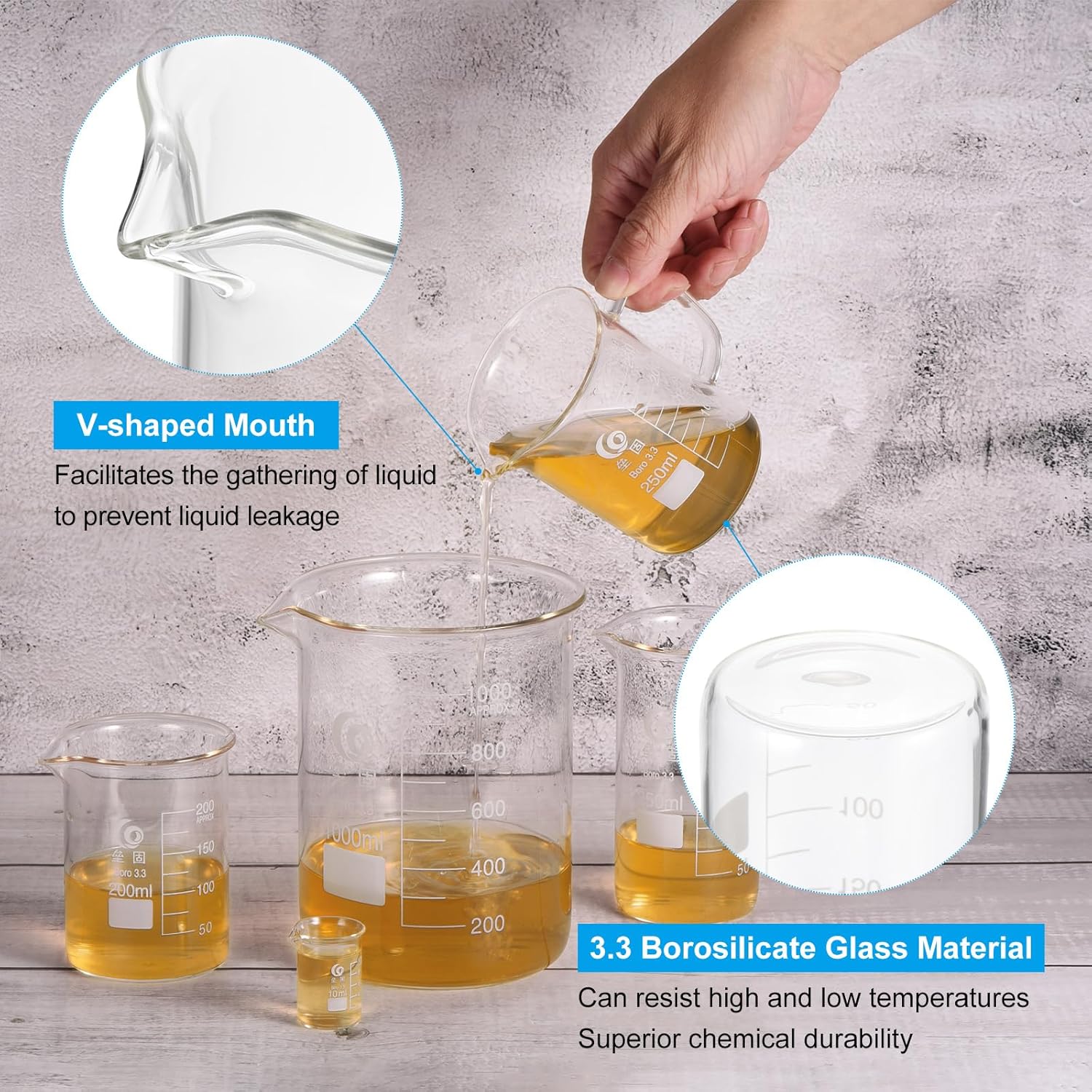 PATIKIL 25/50/100ml Low Form Glass Beaker, 3Pcs 3.3 Borosilicate Glass Beakers Graduated Measuring Cup with Stick Labels for Lab Experiment, Cooking and Baking, Clear