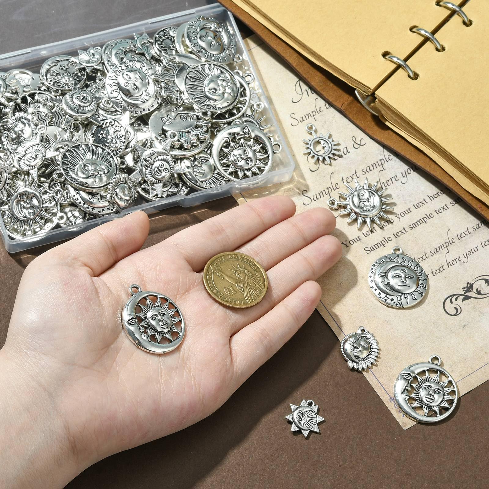 Stiesy 100Pcs 10 Styles Tibetan Silver Sun Moon Pendant Charms - Image 4