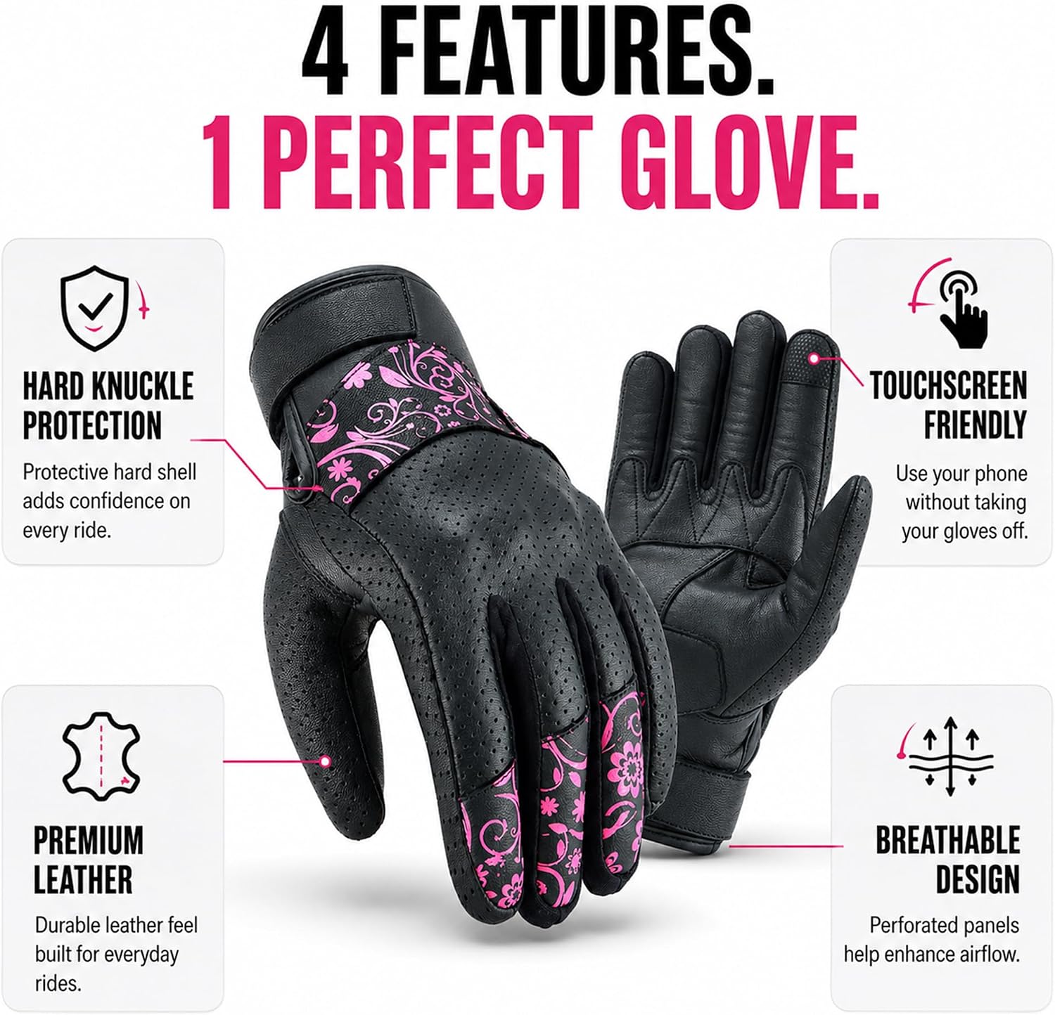 JAUNTY Motorcycle Gloves for Women, Leather Touchscreen Riding Gloves with Hard Knuckle Protection, Perforated Breathable Full Finger for Motocross ATV BMX Dirt Bike Racing (Pink, Medium)