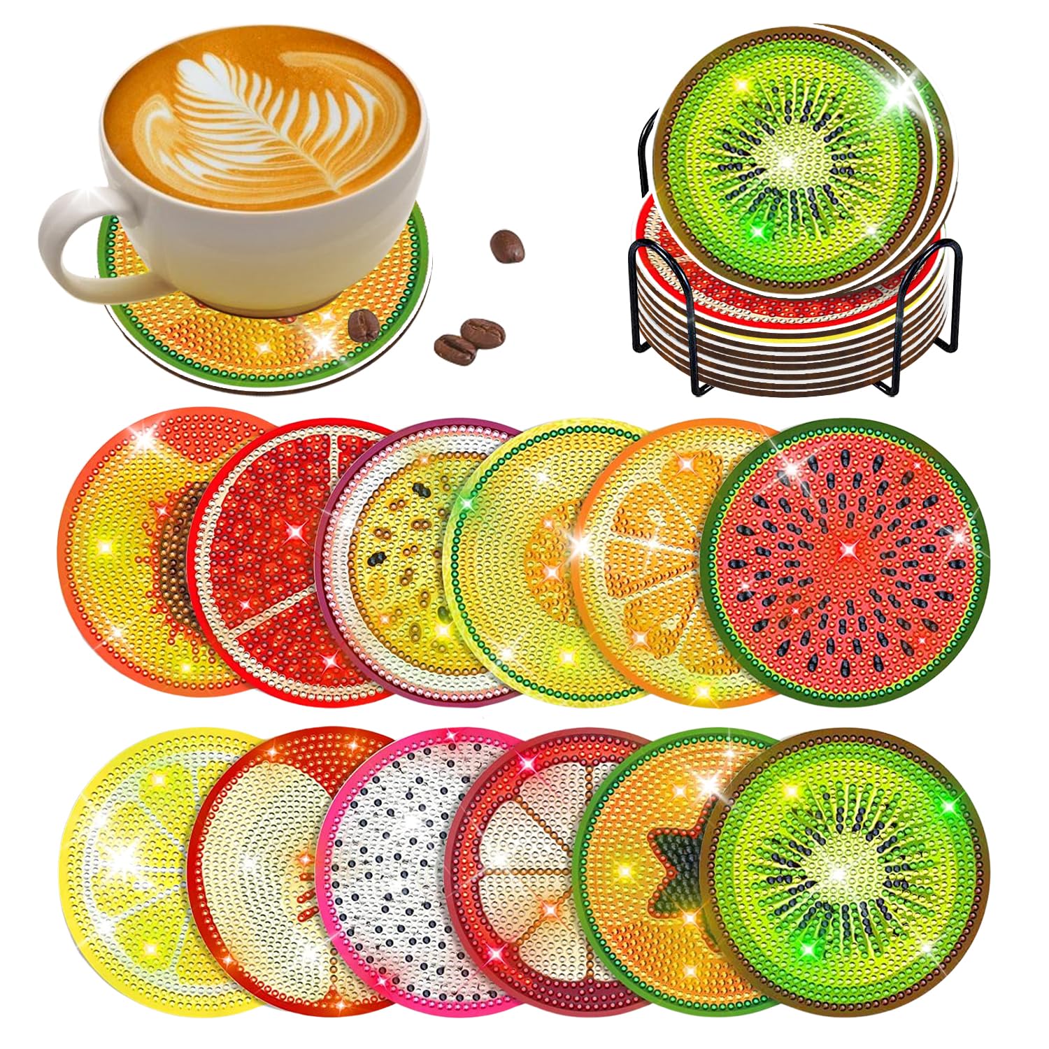 12 pcs Diamond Painting Coasters | Diamond Art Coasters | Fruit Diamond Art Painting | Perfect Art Craft Gift for Fruit Lover, Dad, Mom, Grandparents,