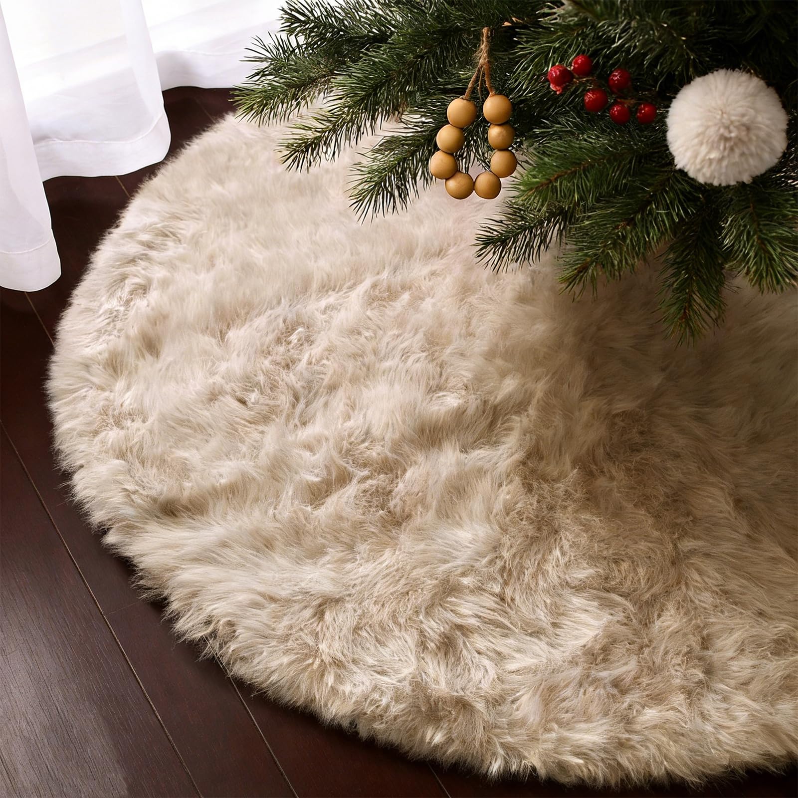 Deggodech 150cm Khaki Plush Christmas Tree Skirt - Large Thick Neutral Color Faux Fur Xmas Tree Skirt, Premium Fluffy Dense Pile Floor Cover for Christmas Holiday & Party Decoration - 60 Inches