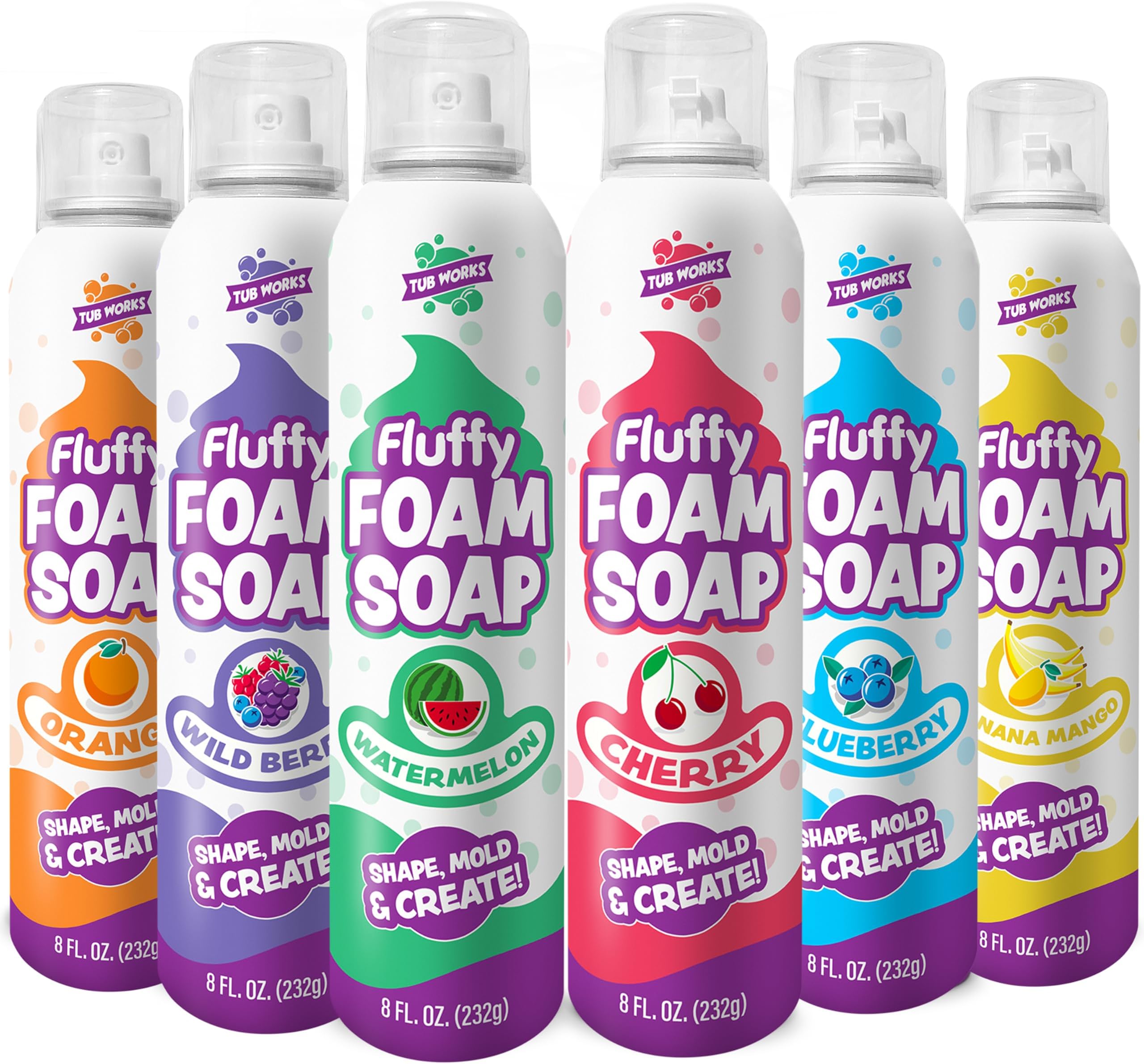 Tub Worksยฎ Fluffy Foam Soap, Variety 6 Pack | Shape, Mold & Create Bath Art with Soft Bath Foam for Kids | Gentle, Cleansing Kids Bath Soap | Easy-to-Use Spray Nozzles | Fruity, Fun Bath Colors