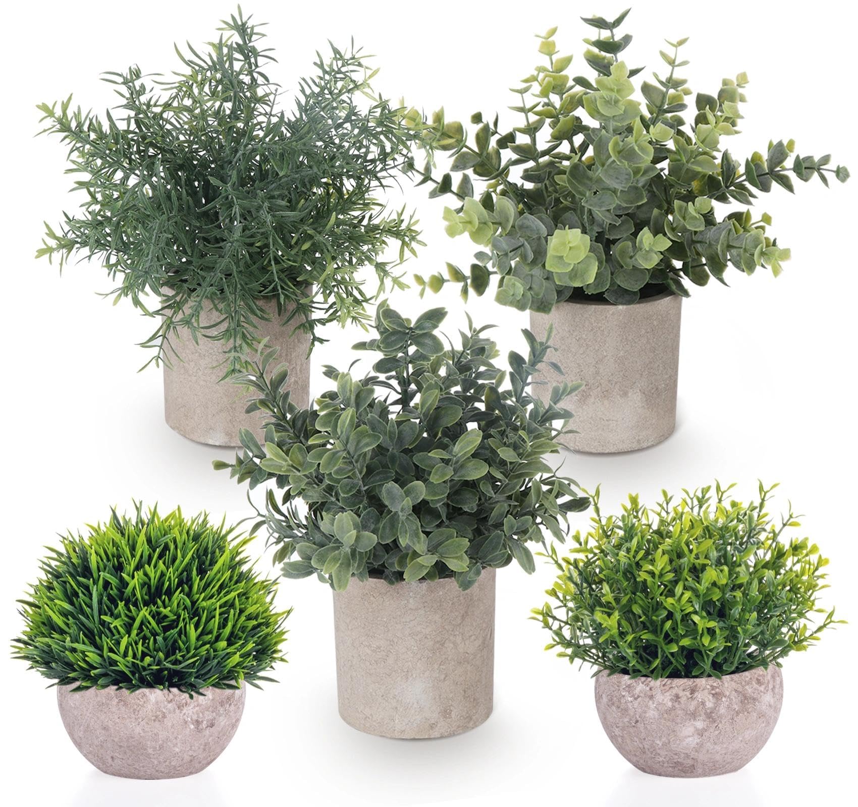 ilauke Fake Plants,5 Set Mini Potted Artificial Plants Indoor Small Eucalyptus Rosemary Plastic Plant Pots Decorative Fake Plant for Office Balcony Desk Bathroom Home Decoration Accessories