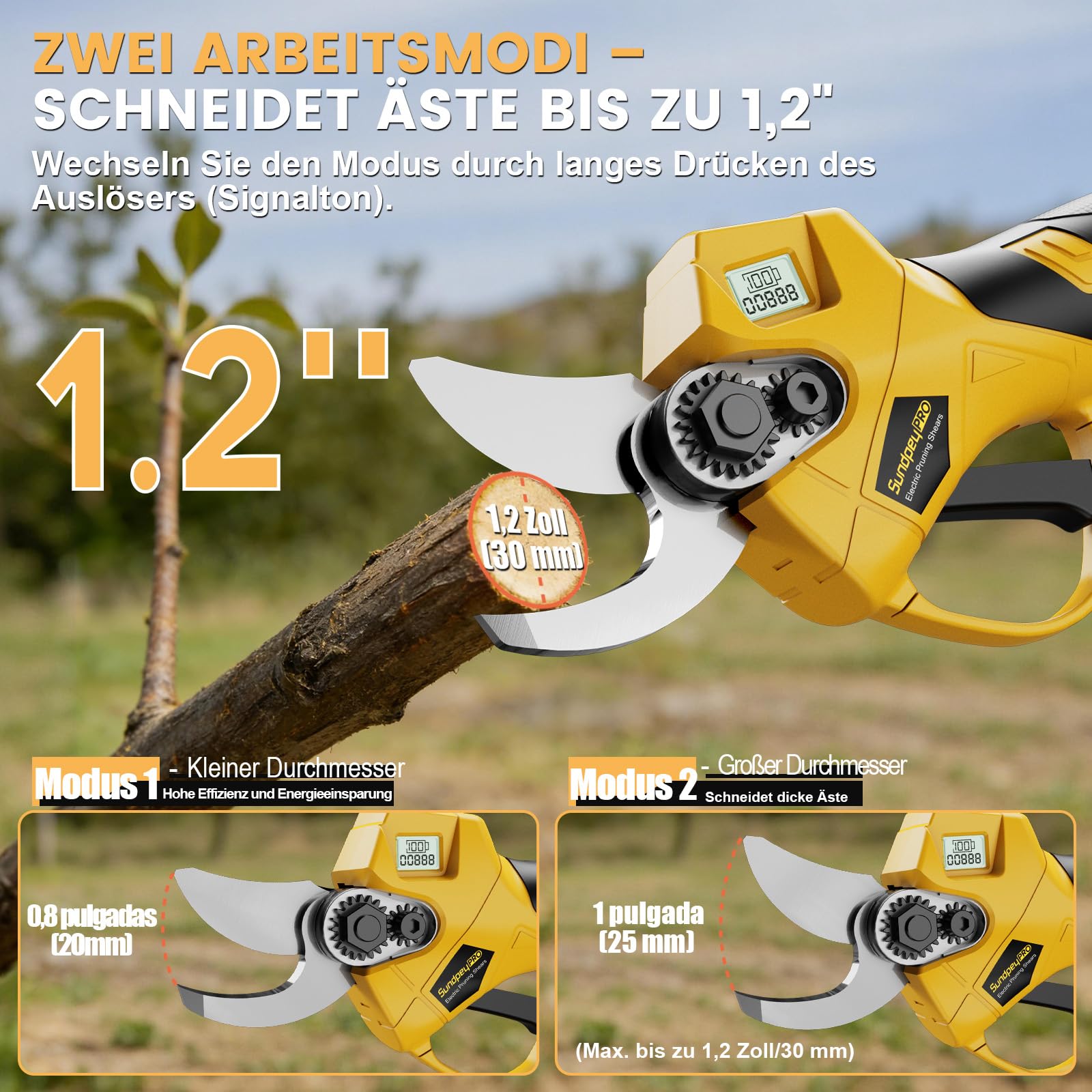 Elektrische Akku-Astschere, Max 30mm Kabellose Akku-Gartenschere mit Bürstenloser Motor, 2 x 2.0Ah-Akkus, LCD Display, Tragetasche, 21V Astschere-Akku für Garten Obstgarten Baumzweige Höfen