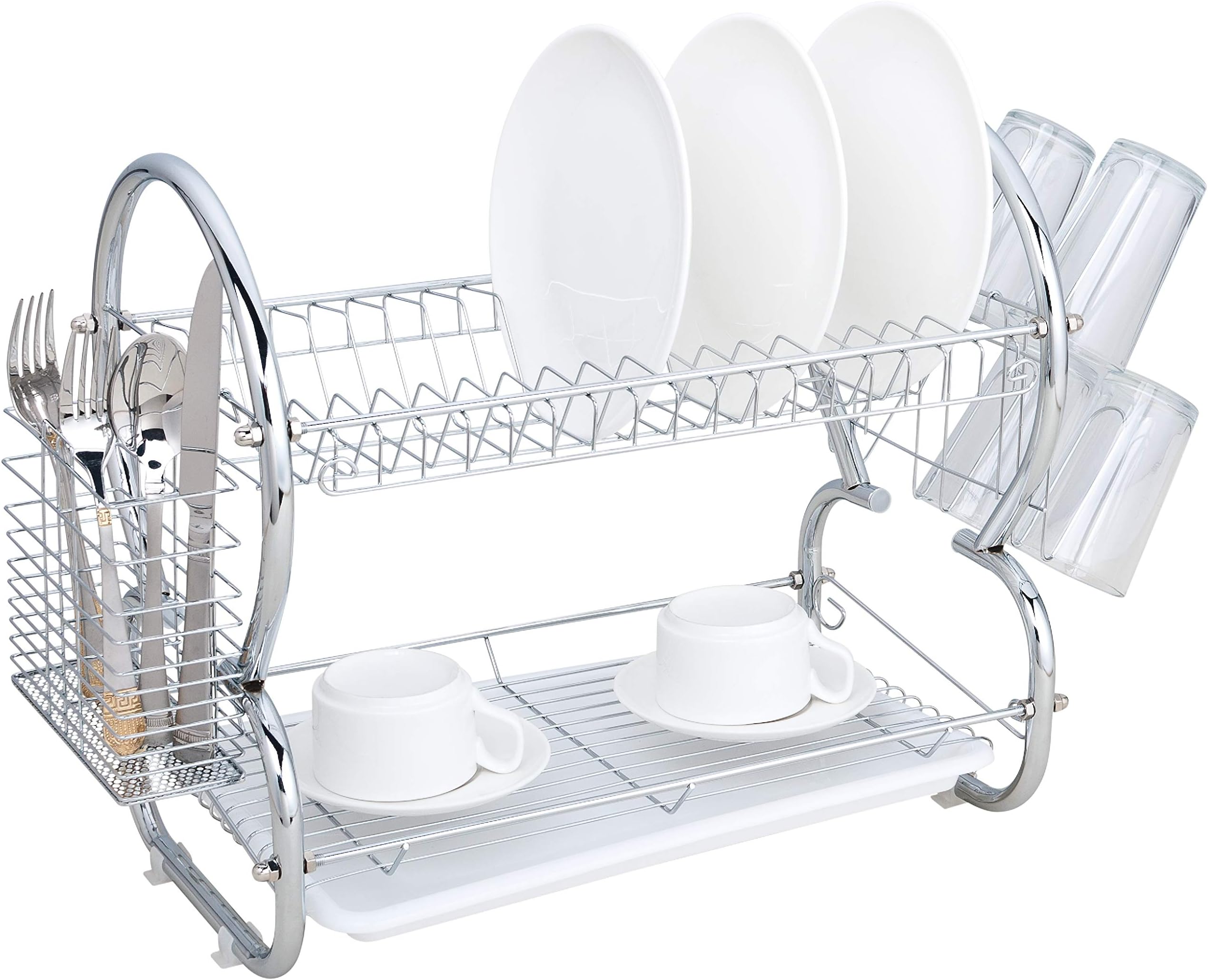 Dish Drying Rack and Drainboard Set - 2-Tier For Counter Top Sink (White)