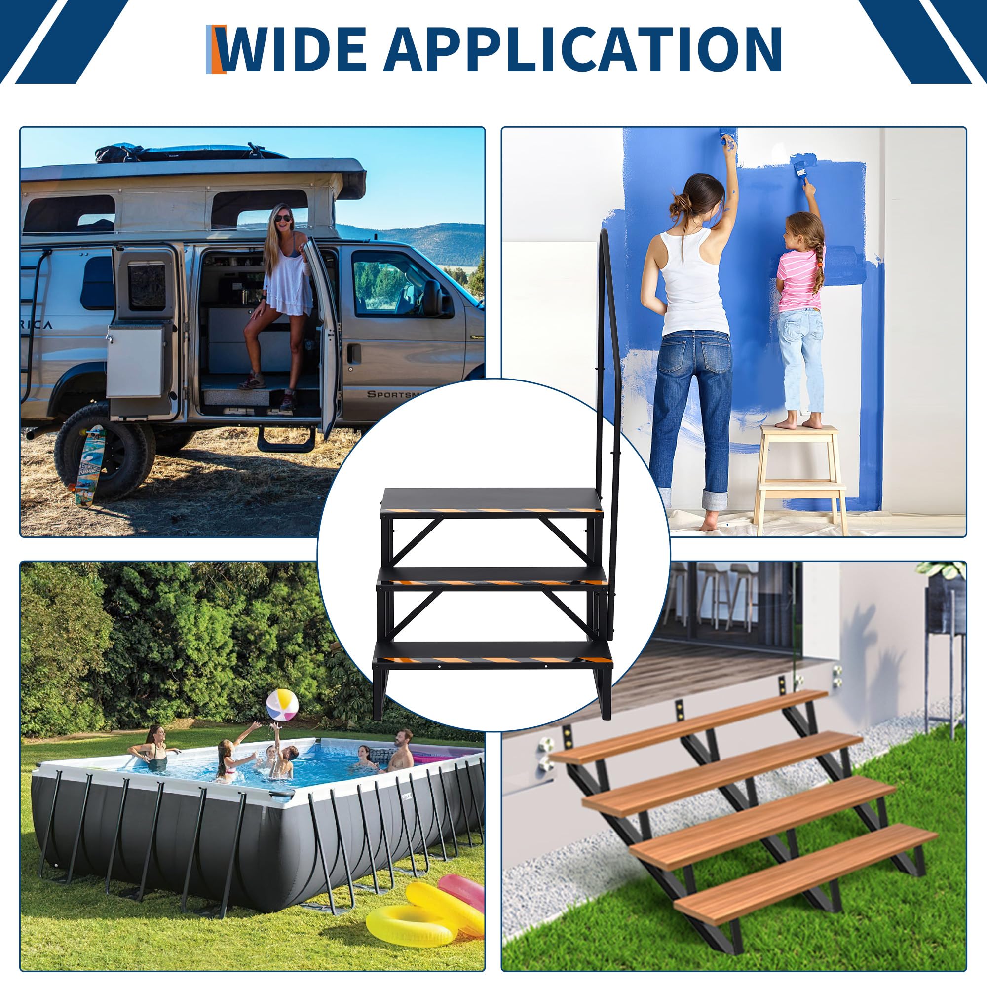 Garvee Scala Esterna Di Estensione Per Camper, 3 Gradini Antiscivolo Con Corrimano – Acciaio Robusto e Resistente, Ideale Caravan, Spa, Terrazze, Rimorchi Finitura Verniciata a Polvere