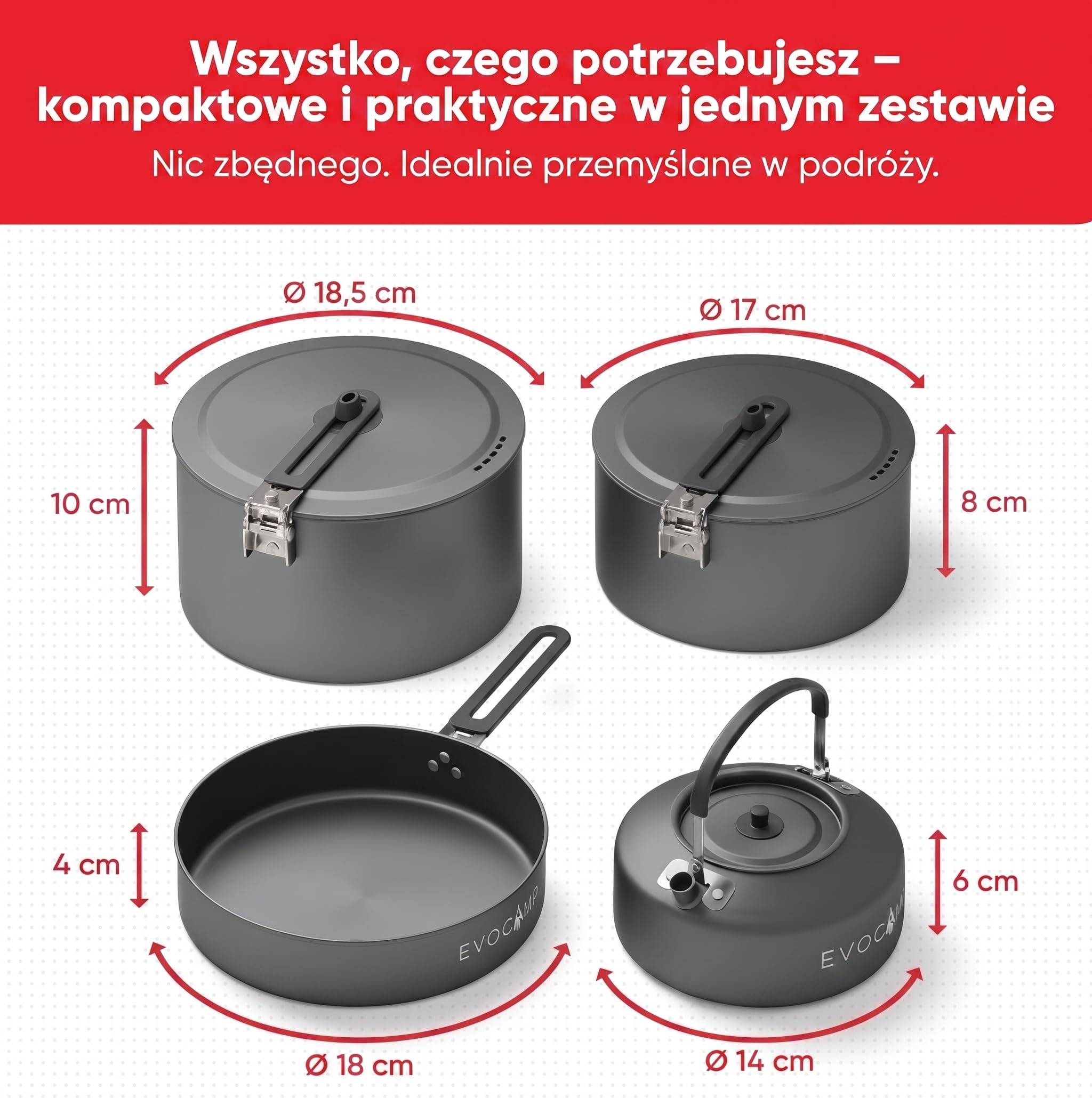 EVOCAMP Zestaw naczyń kuchennych do gotowania na kemping 4-częściowy aluminium, lekkie składane uchwyty i torba, kuchnia outdoor
