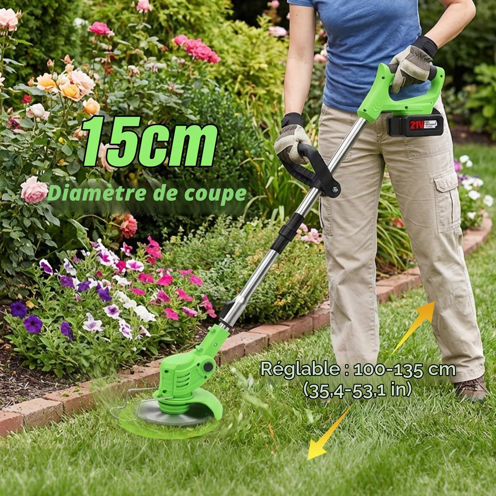 Coupe Bordure sans Fil,Debroussailleuse Electrique sans Fil,Debroussailleuse avec 2 Batteries Et Un Chargeur,Poignée Réglable,4 Types Lames Efficace,légères et à Faible Bruit,pour Jardin Élagage (C)