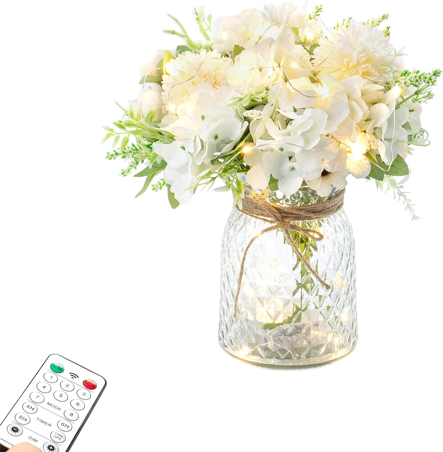 Artificial LED White Rose Flowers with Glass Vase, Remote Control Led Light, Flower Arrangement for Table Centerpiece, Home Office Wedding Decoration - Image 2