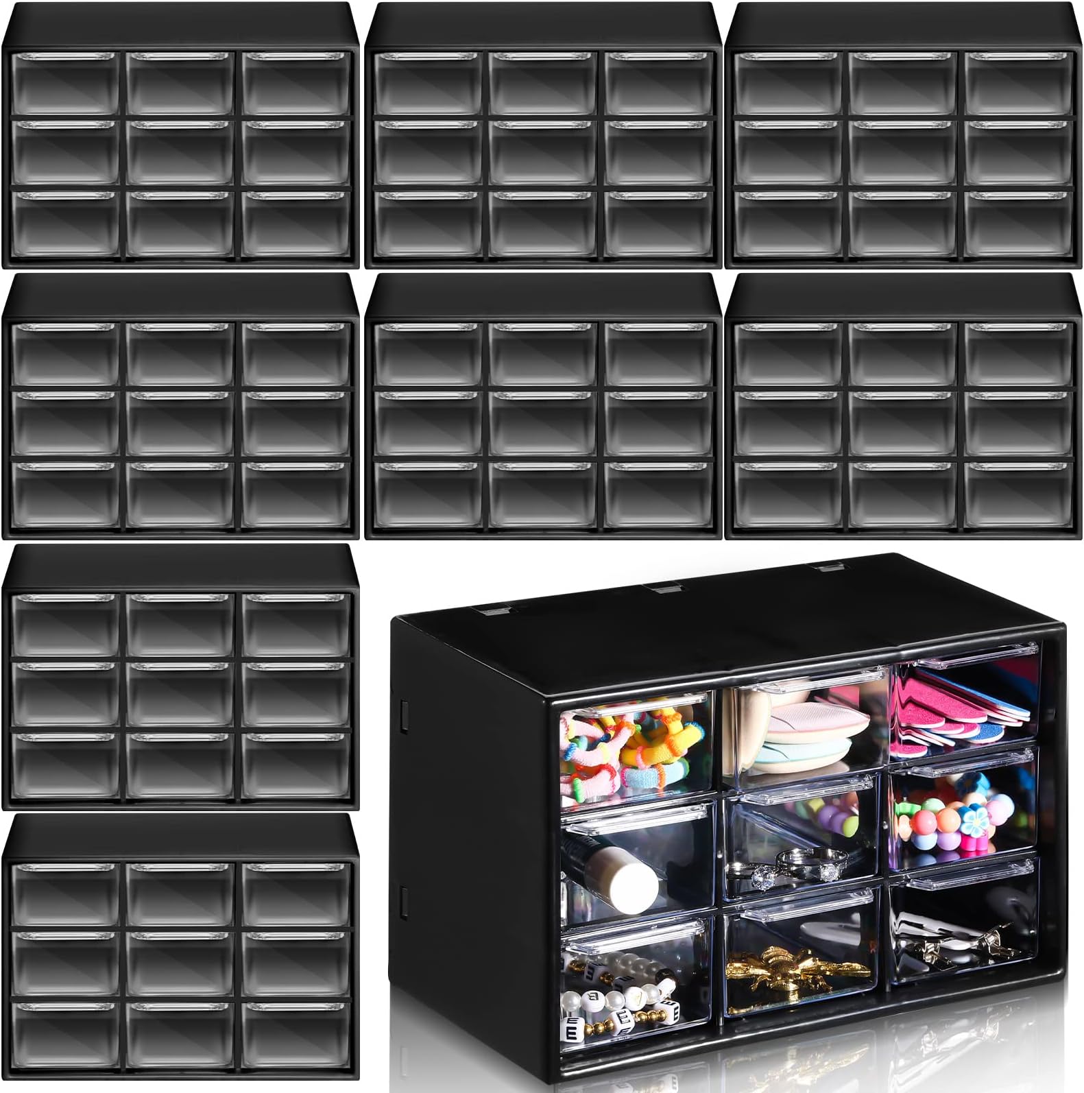 Rtteri 9 Pieces Mini Drawer Organizer Plastic Desktop Storage Box Desk Craft Organizer with 9 Clear Drawers for Office Home Jewelry Small Parts Belongings Cosmetics Collection, Wall Mounted (Black)