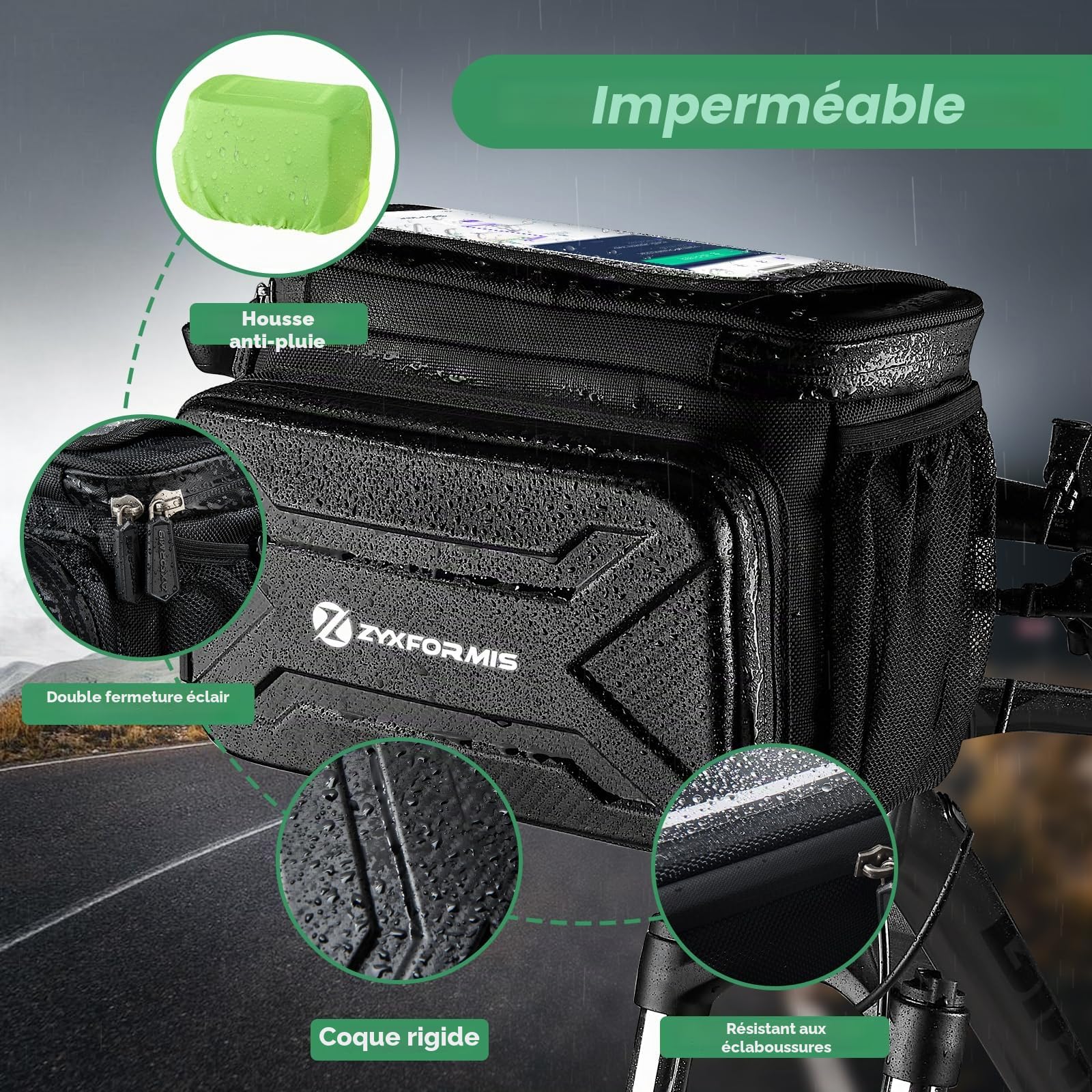 Sacoche Velo Guidon avec Adaptateur pour Vélos et Vélos Électriques, 6L Panier Velo Avant Porte Telephone Velo Etanche avec Écran Tactile, Sac Support Smartphone Velo avec Bandoulière