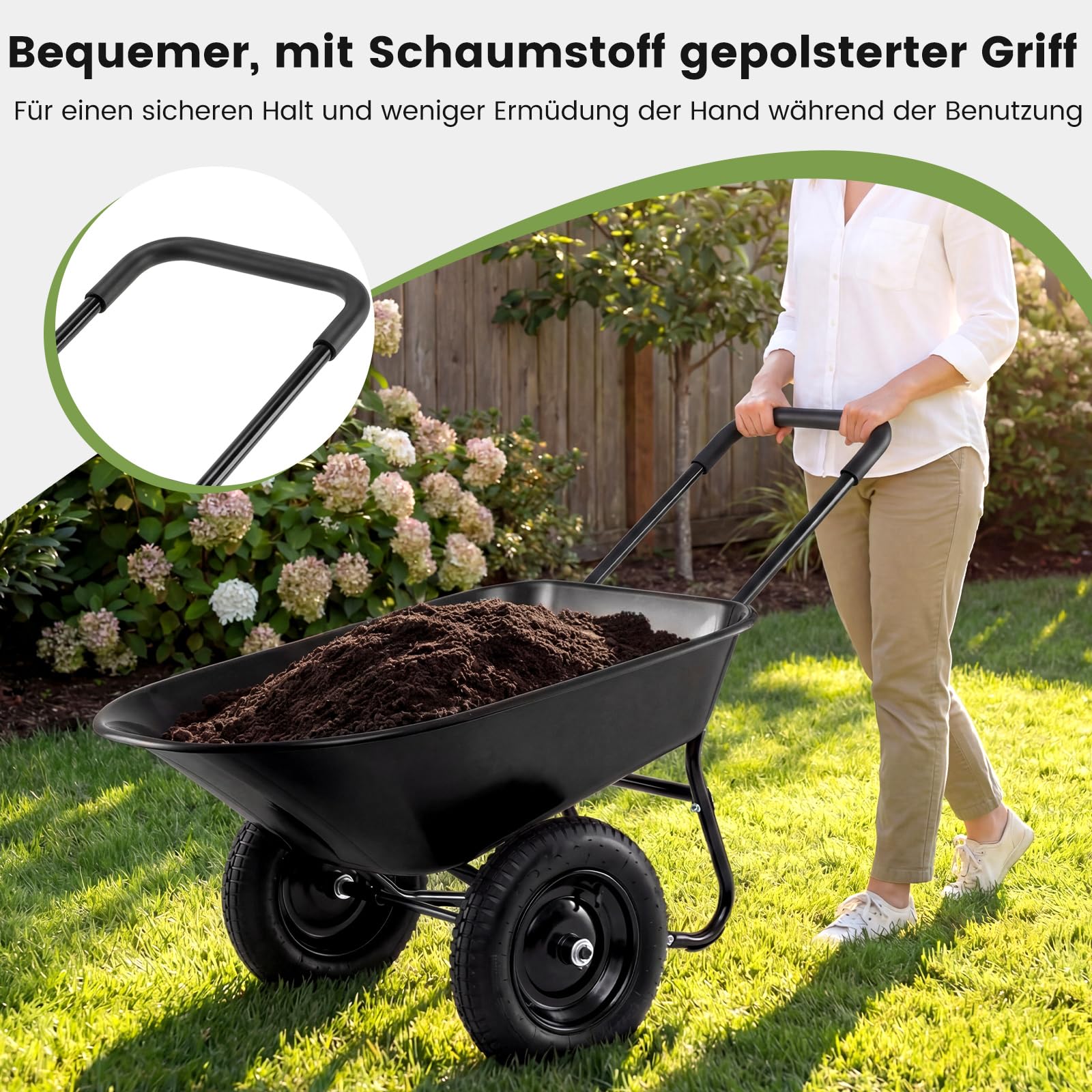 COSTWAY Schubkarre 2 Räder, Vollgummireifen, 78 L, Schiebkarre mit Kippfunktion & Griff, Gartenschubkarre bis 100 kg, Bauschubkarre Metallrahmen, Transportkarre Garten, 64 x 138 x 65 cm (Schwarz)