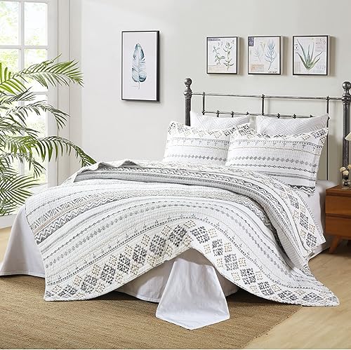 Vista 28 de Y-PLWOMEN Edredón tamaño King, 100% algodón, ligero y suave, juego de colcha reversible de retazos, juego de ropa de cama floral amarillo gris