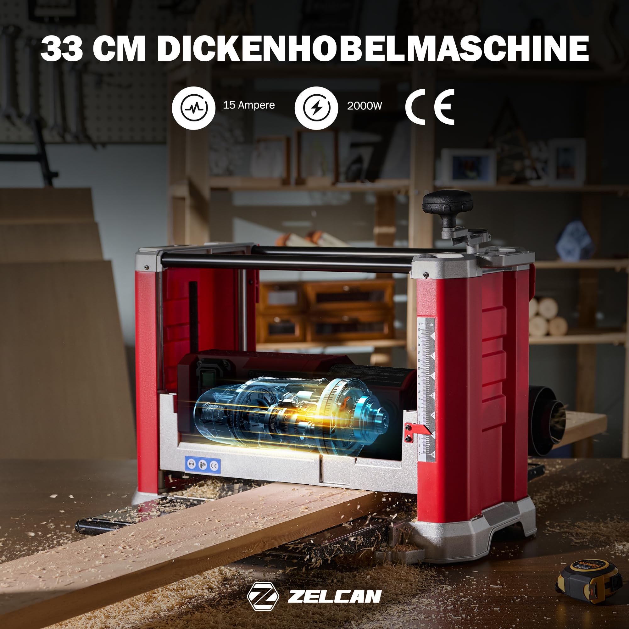 ZELCAN Dickenhobelmaschine 2000W Hobelmaschine Dickenhobel 20000 Schnitte/Min, Elektrohobel 2 Hobelmesser Durchlasshöhe/-breite: 15cm/33cm, Spanabnahme max.: 3 mm mit Absaugung