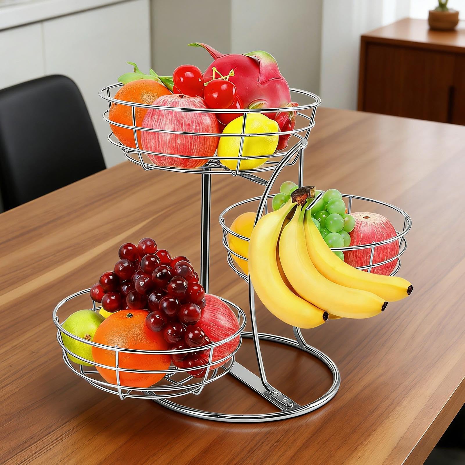 Genérico da piano di lavoro, 3 ripiani in acciaio inox con gancio per banane, scaffali per frutta per piano di lavoro della cucina, per casa, appartamento, verdure, cipolle, pane, snack, prodotti