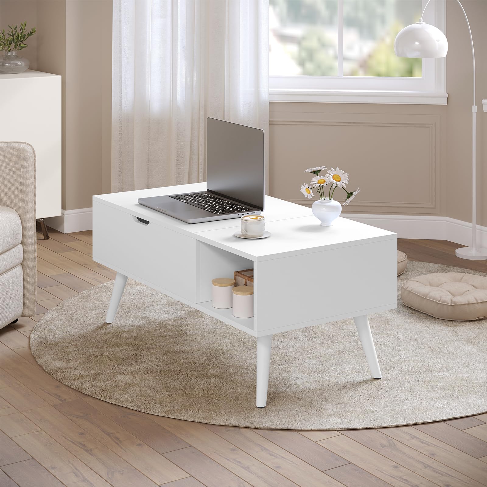WOLTU Mesa Centro Elevable, Mesita Salon con Espacio Interno y Compartimento Abierto, Mesa de Salón Elevable y Extensible, Mesilla Auxiliar Multifuncional, 100x50x(43-57) cm, Blanco, BTS26ws