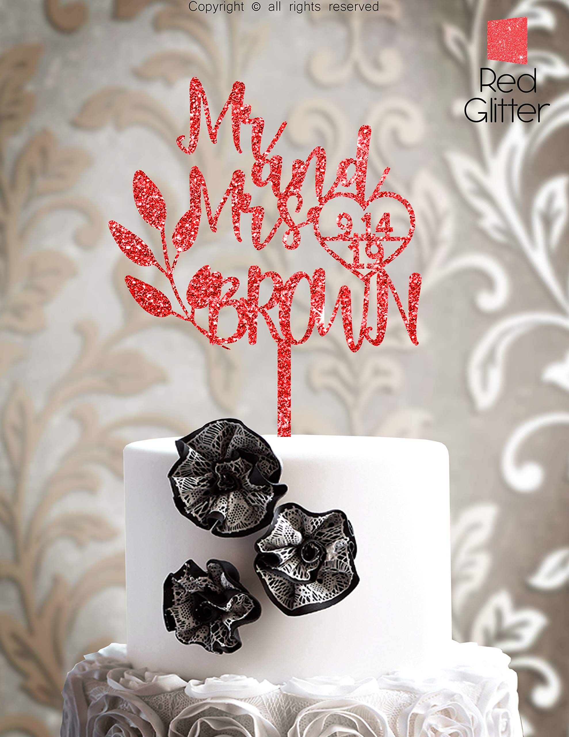 Personalized Wedding Cake Topper With Customized Bride and Groom Last Name or Marriage Date for Mr Mrs (Red Glitter)