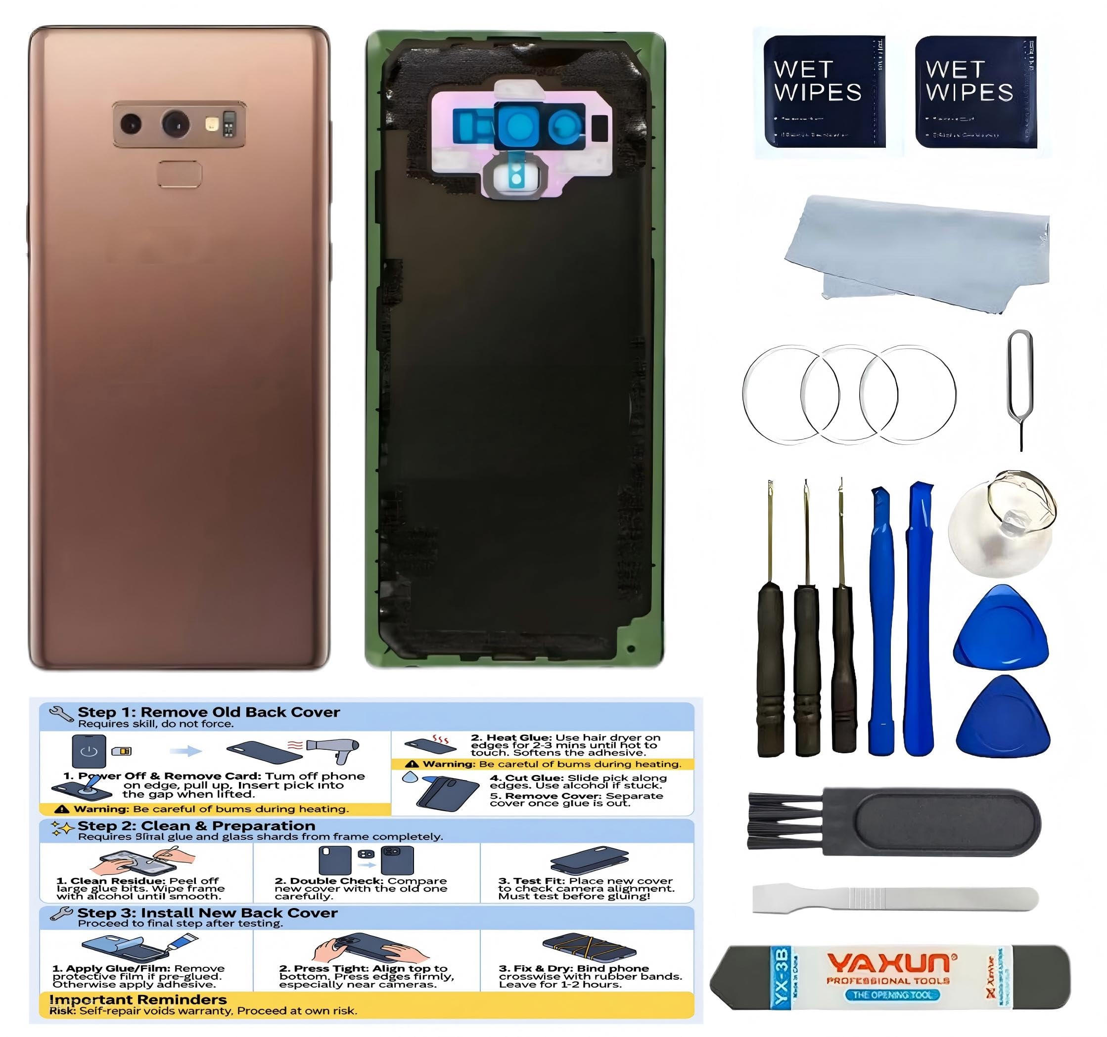 Galaxy Note 9 Back Glass Replacement for Samsung Galaxy Note 9 6.4inches Back Cover with Lens Frame Pre-Installed Tape +Tools (Gold)
