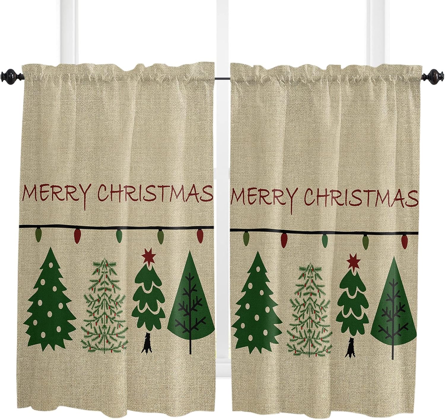 Christmas Kitchen Curtain 45 Inch Length, Vintage Xmas Tree