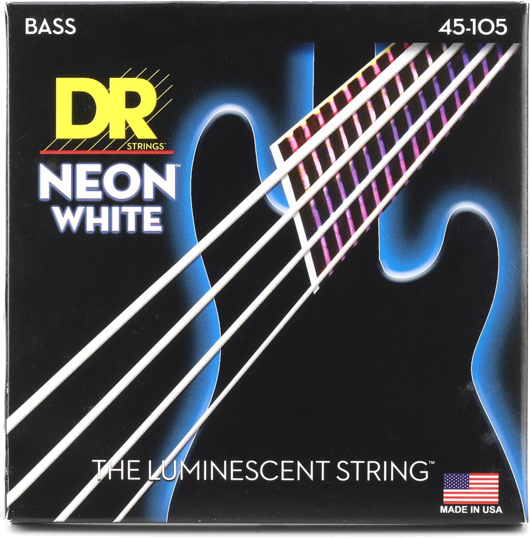 DR Strings HI-DEF NEON-White Silver Nickel Plated 4 Bass Guitar Strings, 45-105, Round Core (NWB-45)