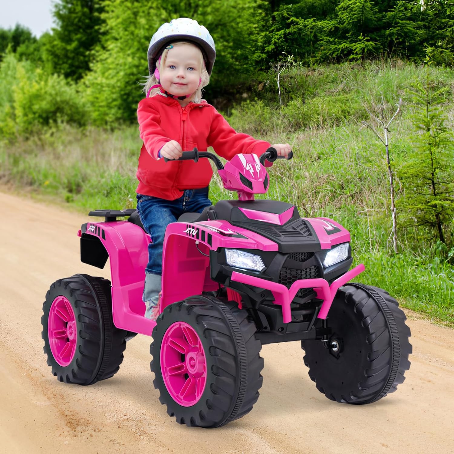 HONEY JOY 24V Kids ATV, 4 Wheeler Battery Power Ride On ATV Toy for Big Kids, LED Lights, High/Low Speed, Treaded Tires, Music, Off-Road Toddler Quad, Electric Car for Boys Girls (Pink)