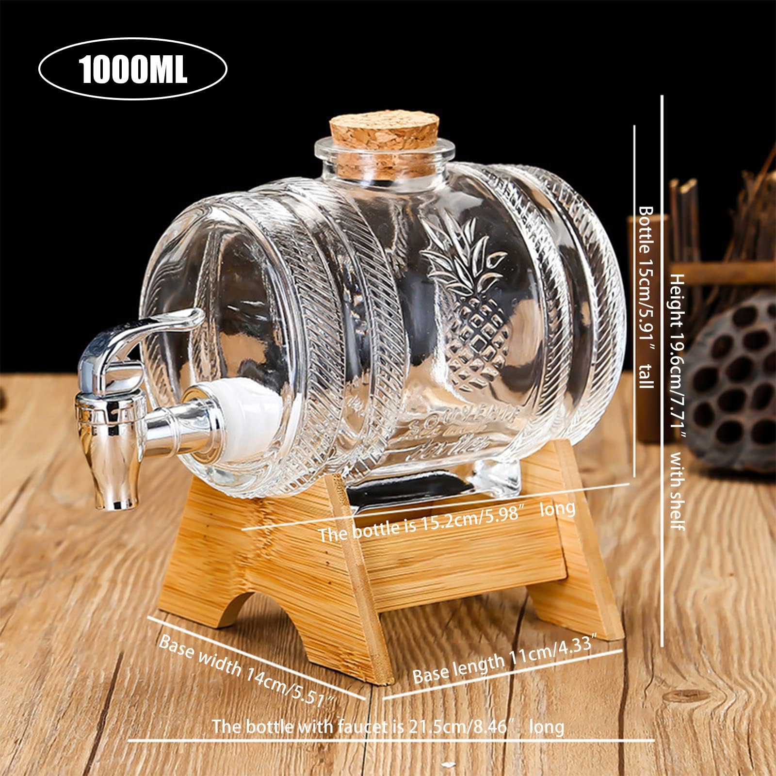 Jarra de whisky, dispensador de bebidas en forma de barril de 3 litros, decantador de barril con grifo, dispensador de bebidas con grifo y soporte de madera, dispensador de alcohol, ideal para vino