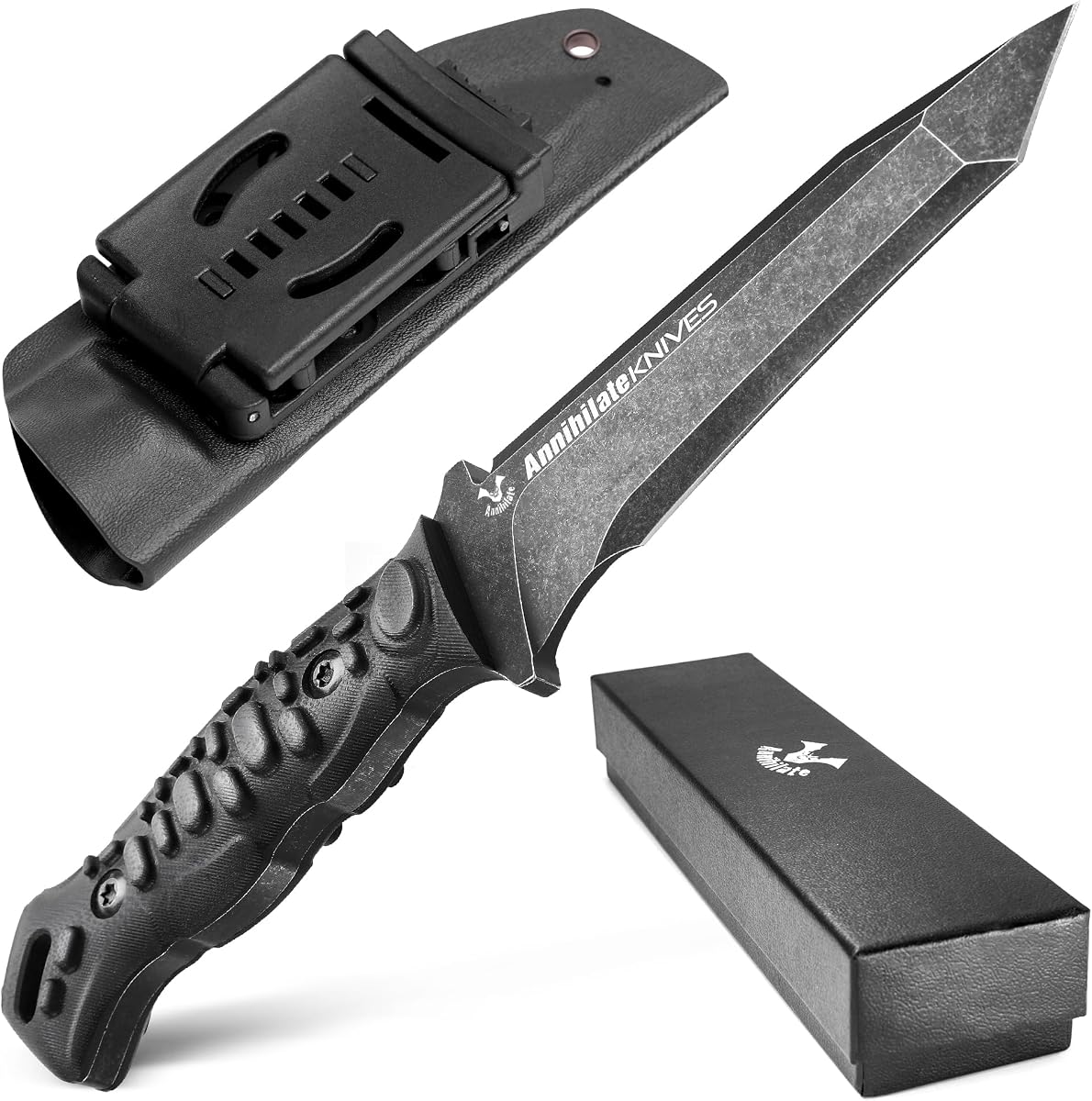 Tactical Survival Knife with Kydex Sheath, D2 Steel Fixed Blade Knives & G10 Handle, Full Tang Knife for Men Camping Hiking Hunting Bushcraft Black