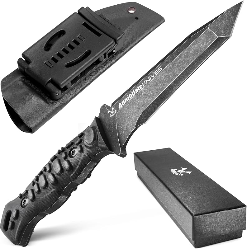Tactical Survival Knife with Kydex Sheath, D2 Steel Fixed Blade Knives & G10 Handle, Full Tang Knife for Men Camping Hiking Hunting Bushcraft Black