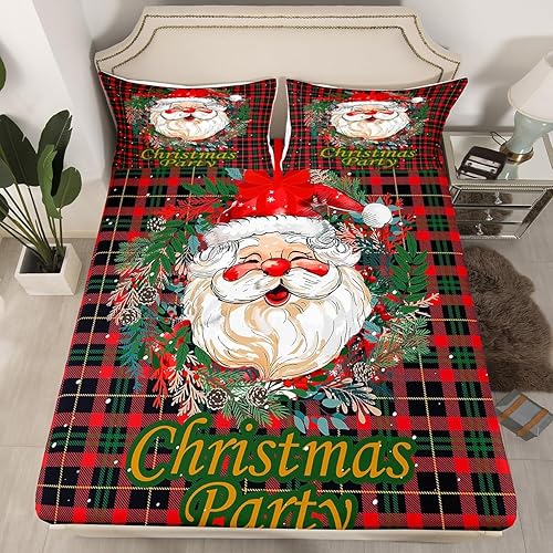 Miniatura 2 de Erosebridal Sábana bajera ajustable de Feliz Navidad, juego de sábanas Kawaii de Papá Noel, tamaño King, sábanas geométricas a cuadros para niños,