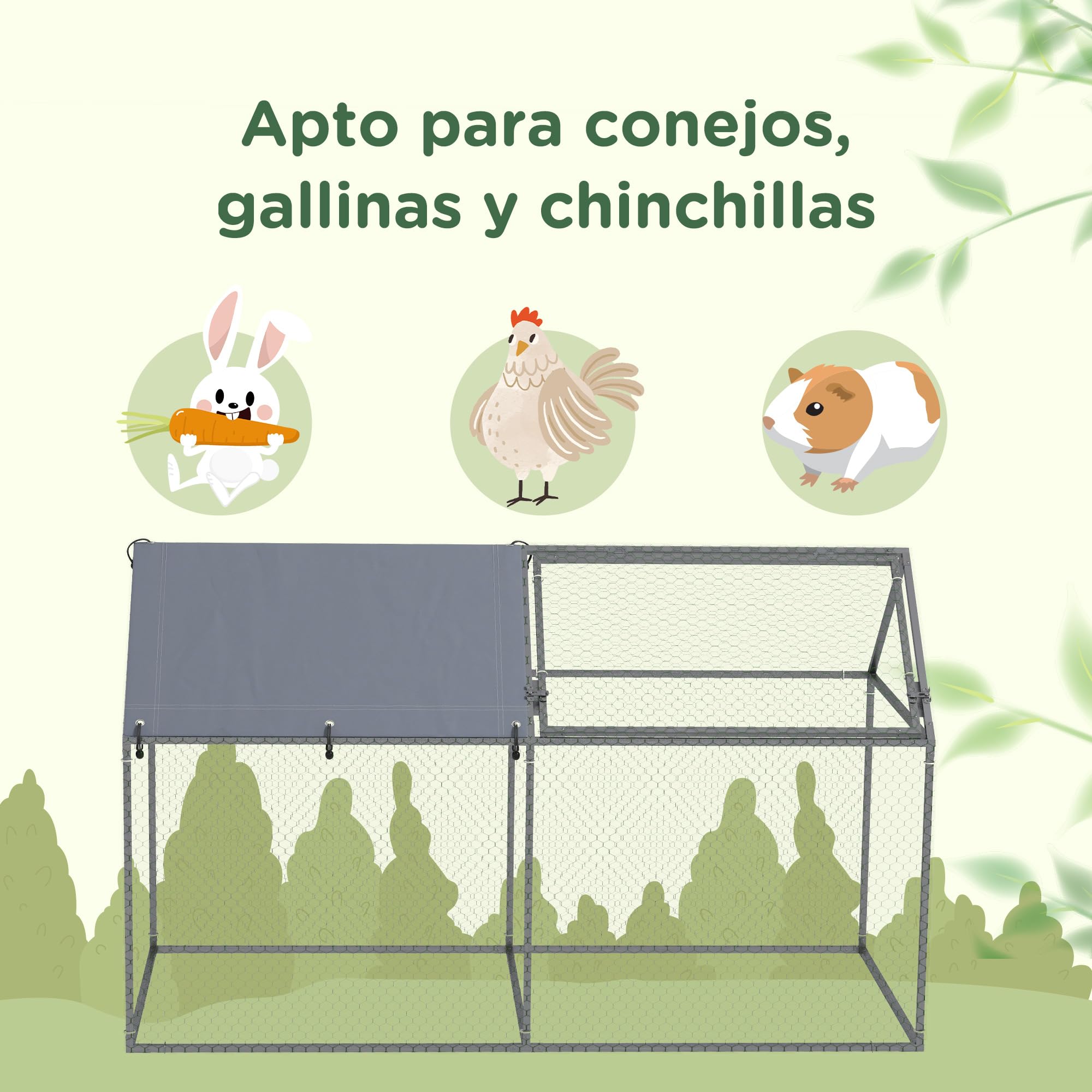 PawHut Jaula para Animales Pequeños Puerta Superior 198x100x120 cm Plata | Parque para Mascotas de Acero, 1 Tela Superior de Anti-UV, para Exterior Jardín