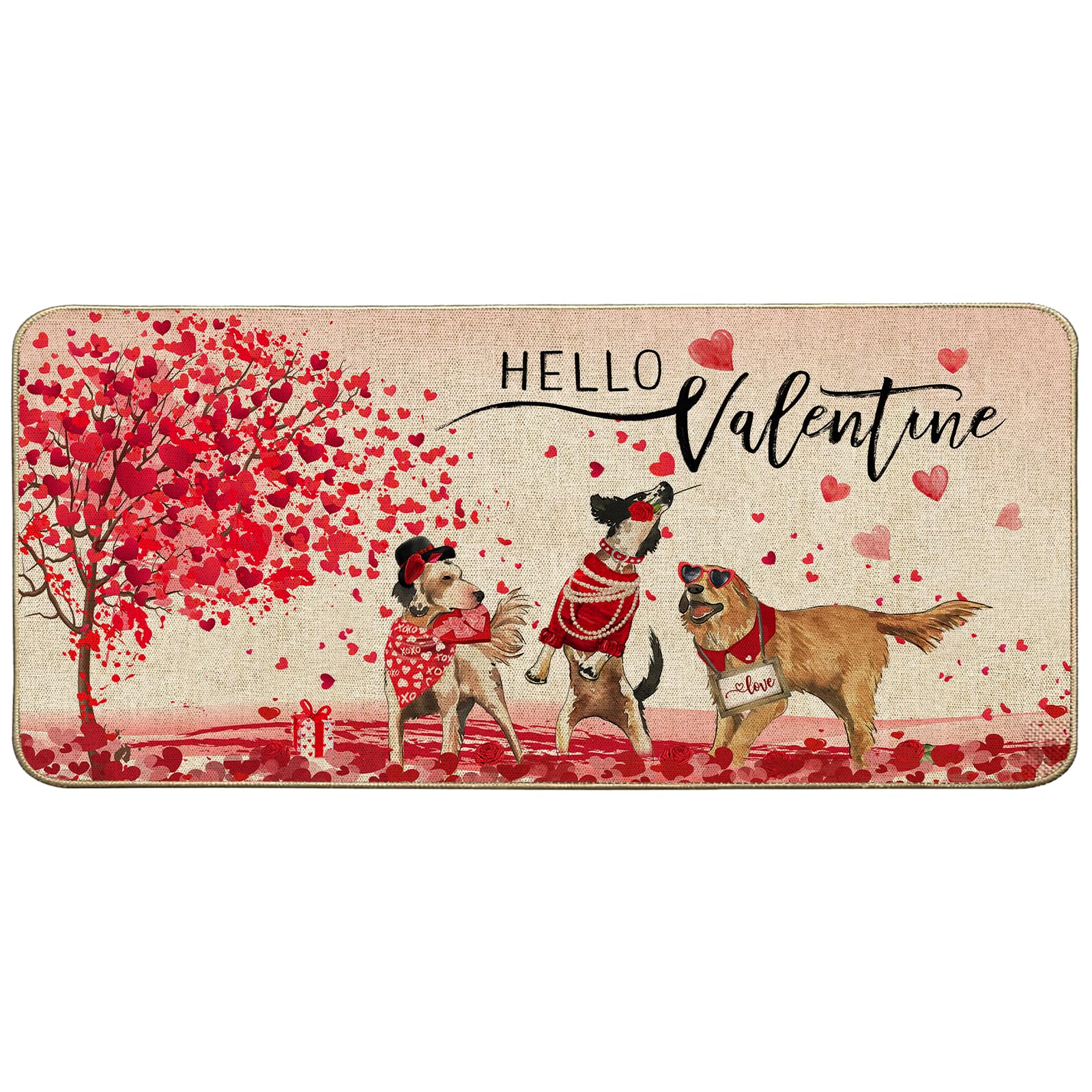 Baccessor Hello Valentine Dog Doormat Rug,Red Love Heart Tree Funny Golden Retriever Outdoor Doormat Mat Non Slip Rubber Backing Entrance Seasonal Indoor Front Kitchen Decoration 17 x 36 Inch