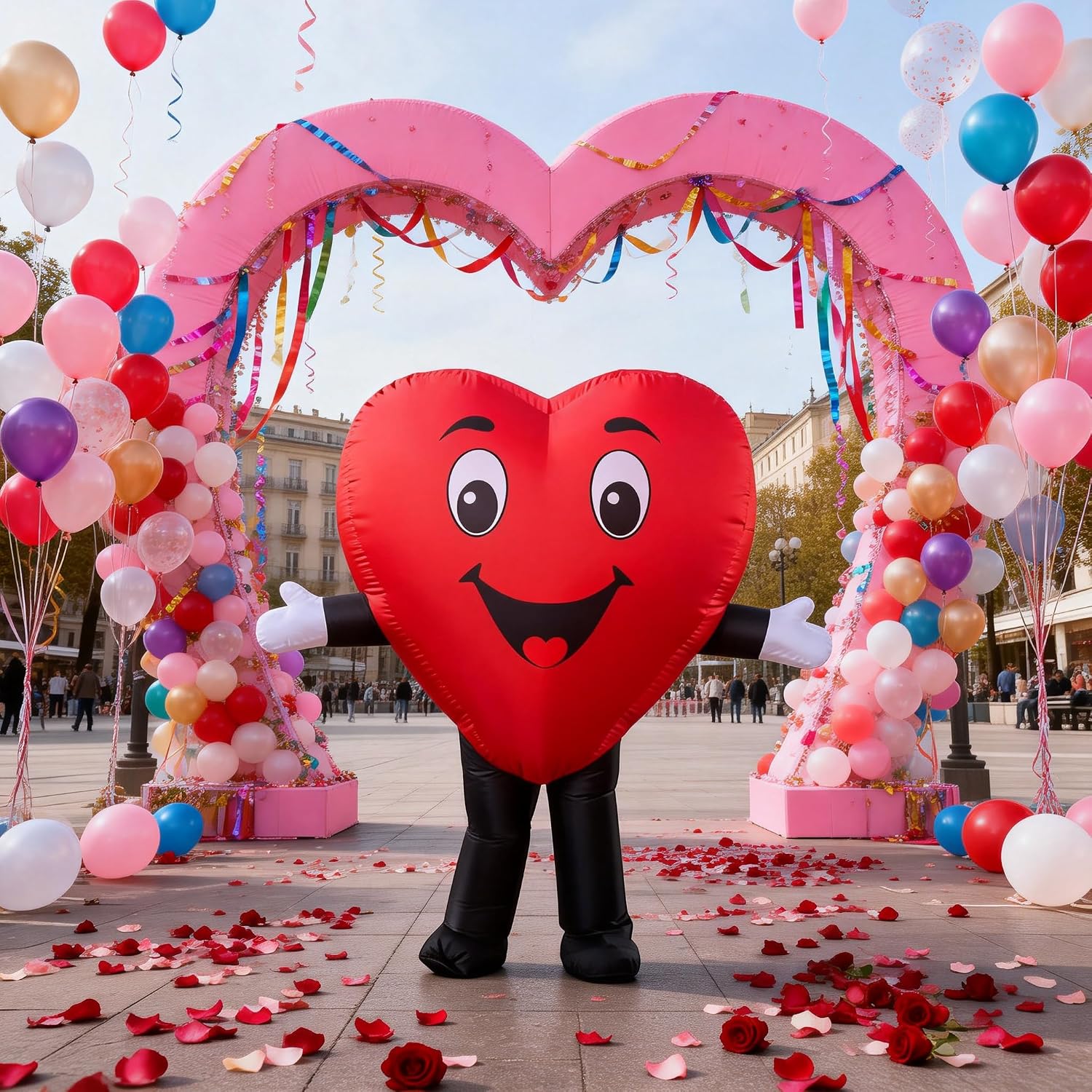 Inflatable Love Heart Mascot Costume, Red and Black Valentine Character Outfit with Smiling Face Halloween Party Fancy Dress