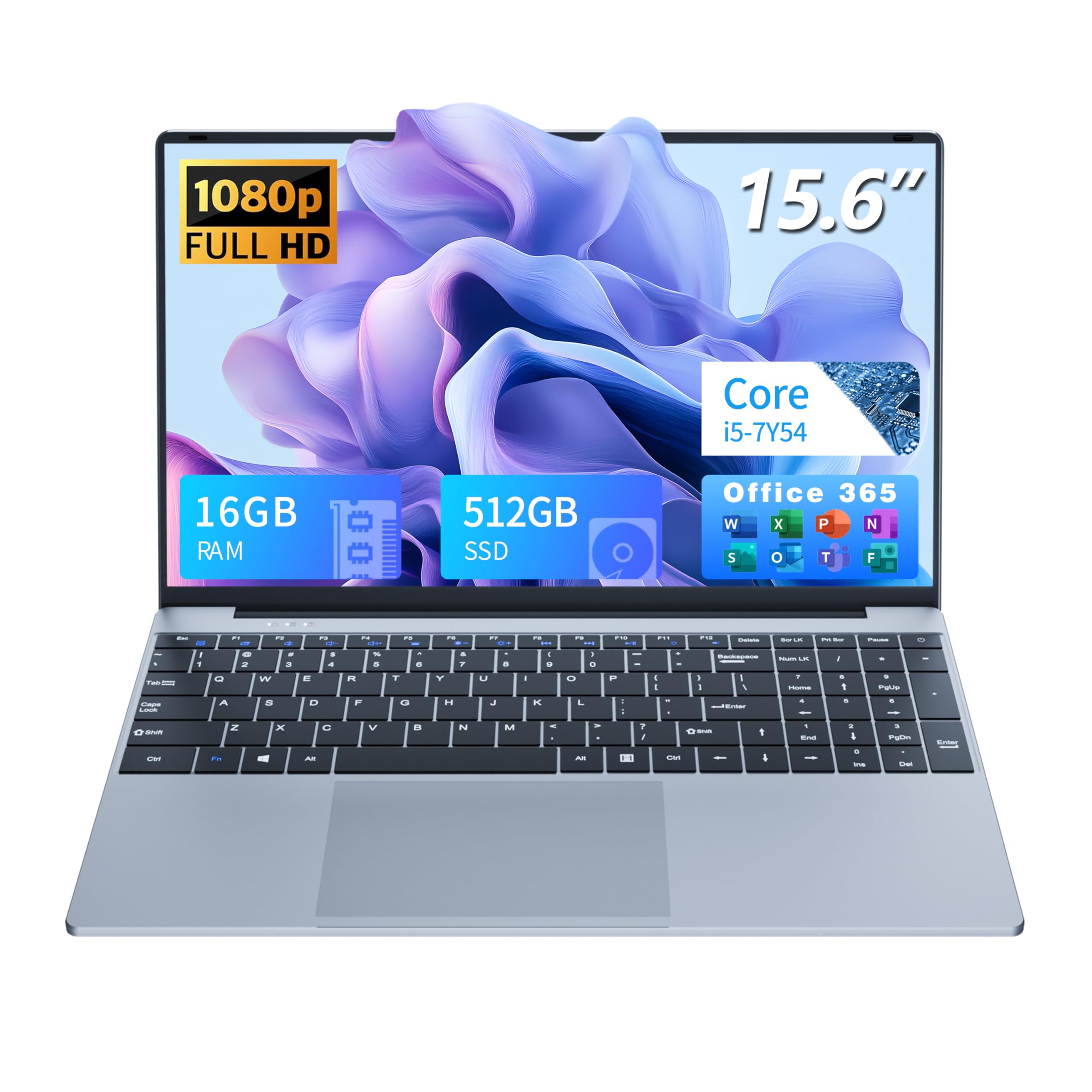 MOGIKK Portatile PC 15.6" Full HD IPS, Core i5-7Y54 fino a 3.2 GHz, 16 GB RAM SSD 512 GB, Notebook Win 11 + Office 365, Laptop Tastiera Retroilluminata, Computer Portatile HDMI USB 3.0 WiFi 5 BT 4.2