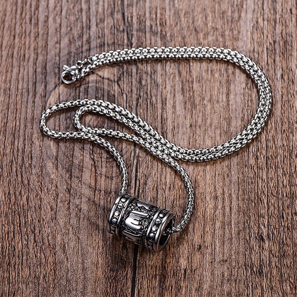 2PCS Mens Gothic Punk Tibetan Buddhism Meditation Pendant Necklace,316L Stainless Steel Om Mani Padme Hum Buddhist Mantra Prayer Wheel Meditation Pendant Necklace Jewelry (Necklace_A) - Image 3