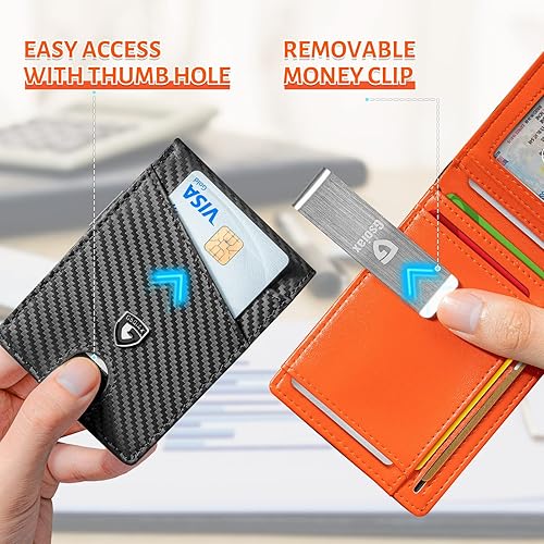 Miniatura 5 de GSOIAX Billeteras para hombre con bloqueo RFID, delgadas y plegables para hombre, minimalista, cuero auténtico, fibra de carbono, clip para dinero
