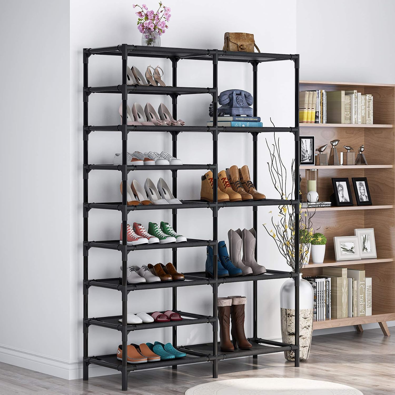 Tribesigns 9 Tiers Shoe Rack, Stackable Shoe Tower Shoe Shelf Holds 28 Pairs, Non-Woven Fabric Shoe Storage Organizer, Durable Boot Organizer