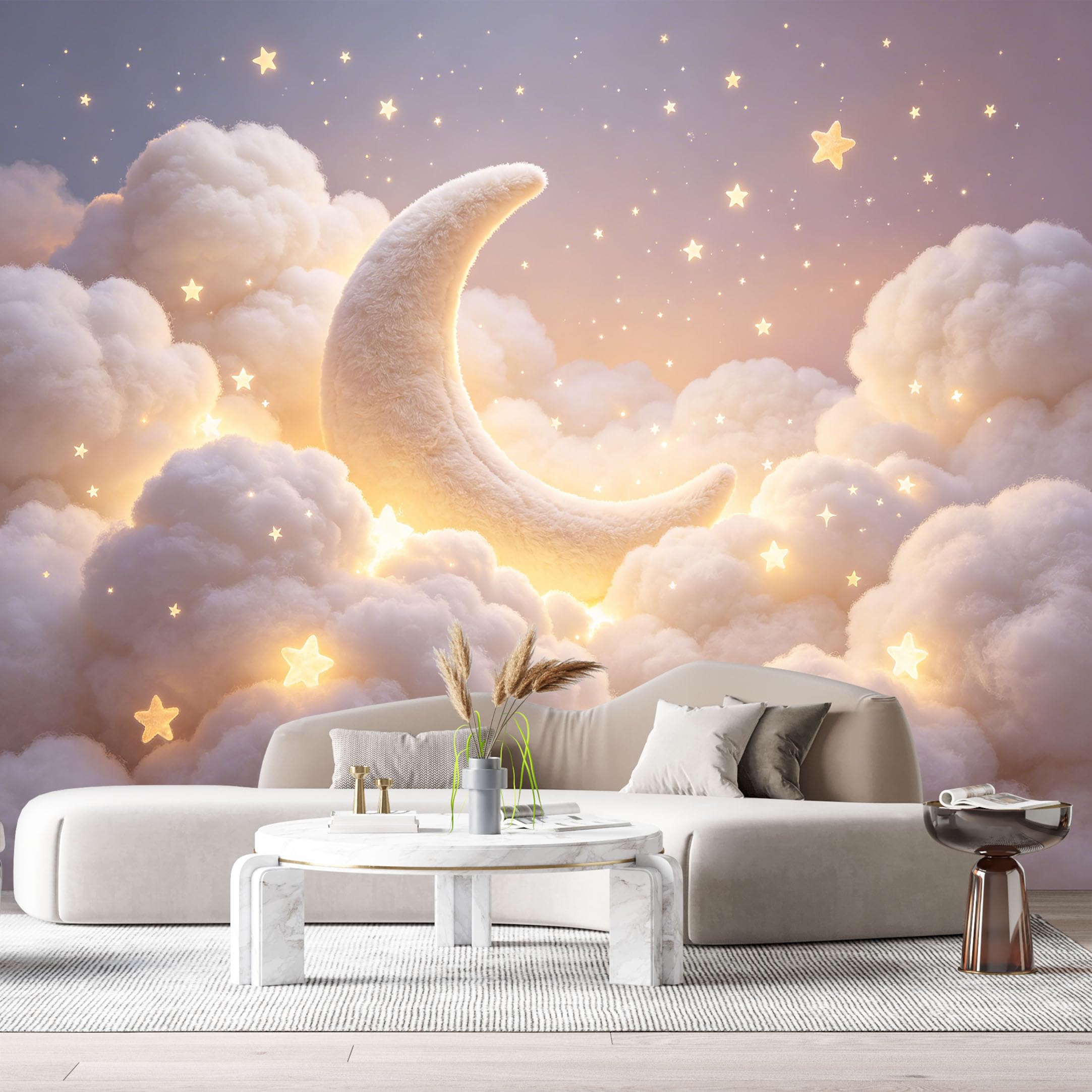Custom Size Wall Murals Dreamy Night Sky Landscape Modern 3D Clouds Glowing Crescent Moon Stars SelfAdhesiveWall Fabric Removable Wallpaper Wall Decor for Living Room Bedroom Bathroom