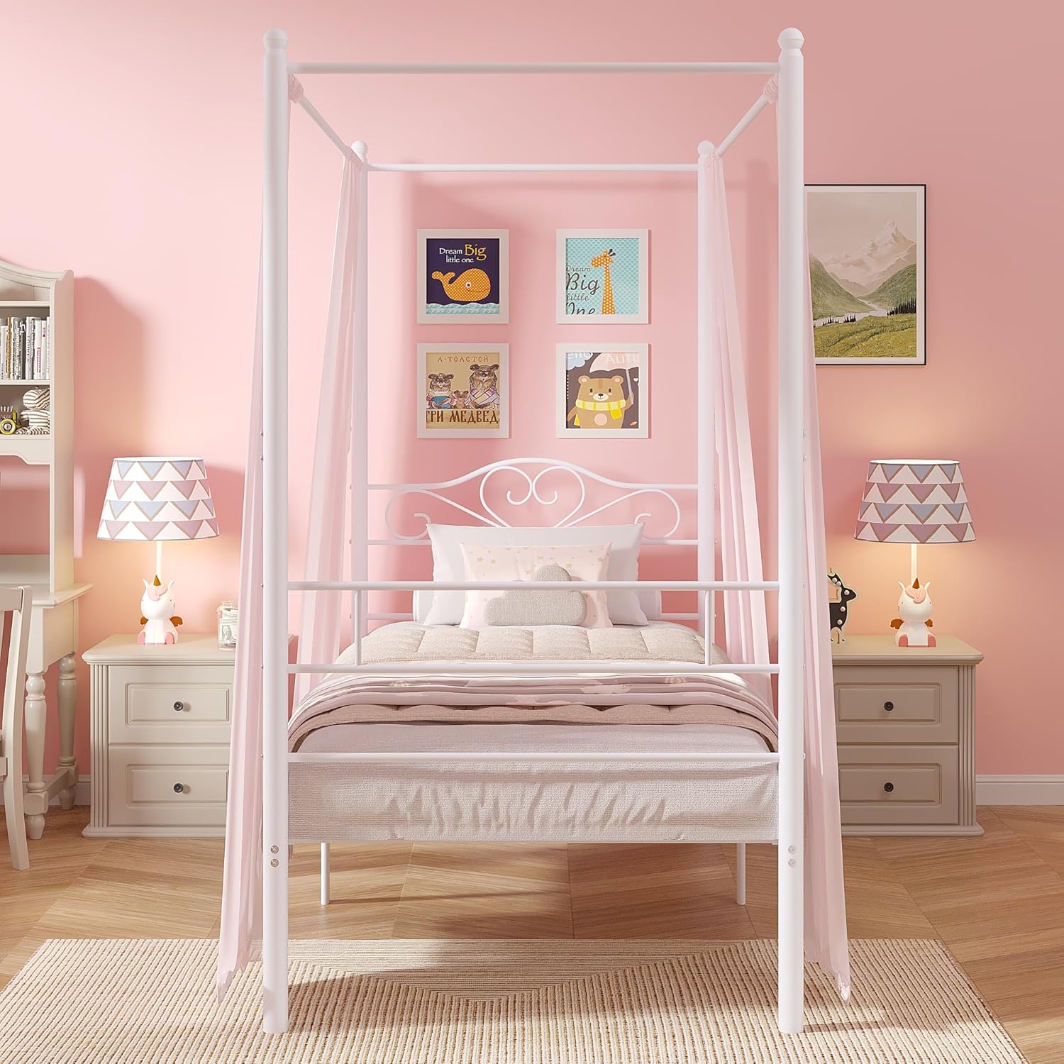 VECELO Twin Canopy Bed Frame with Headboard and Footboard, Metal Four Posters Design, Mattress Foundation Platform with Steel Slats Support, Underbed Storage Space, No Box Spring Needed, White