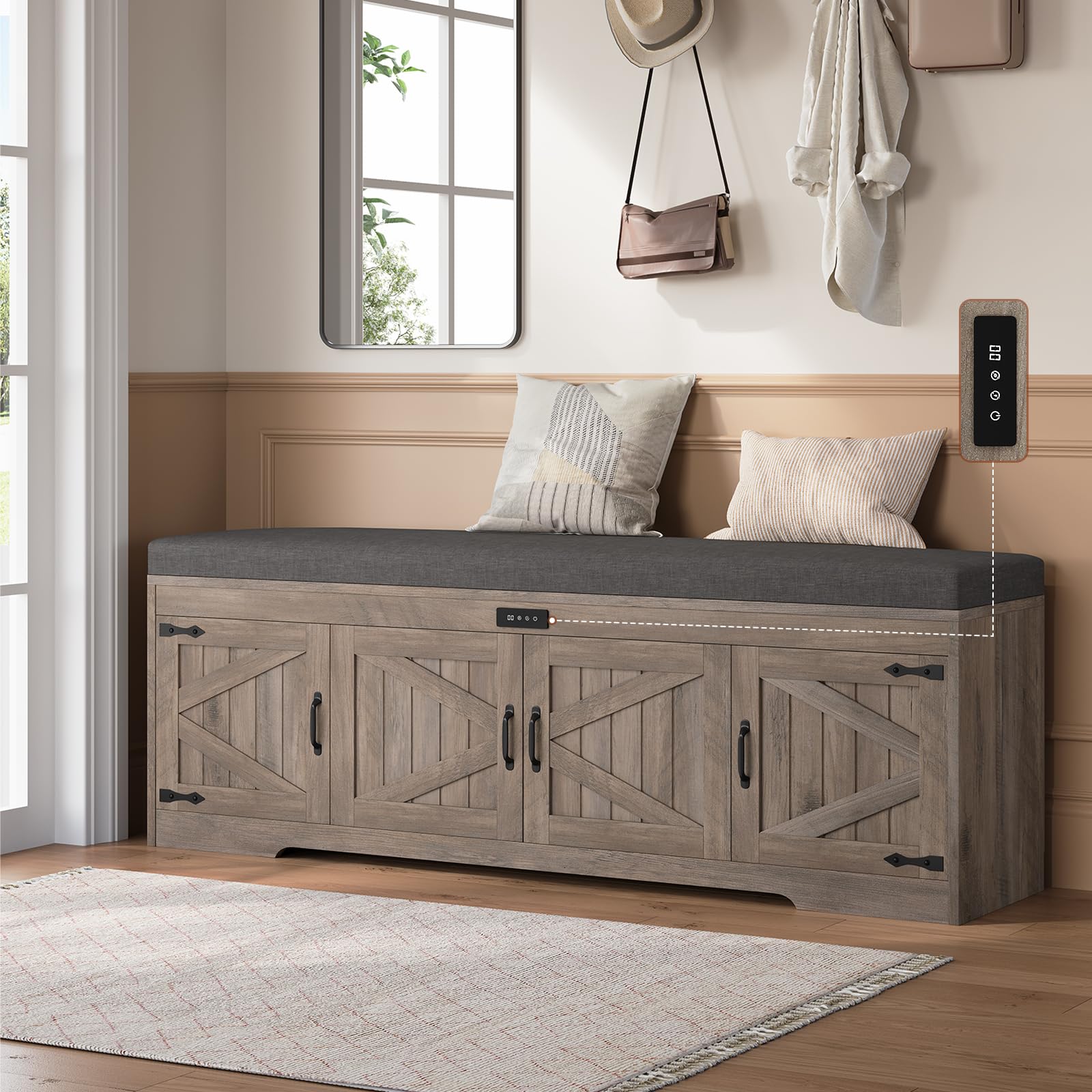 Farmhouse Shoe Storage Bench with Cushioned Seat