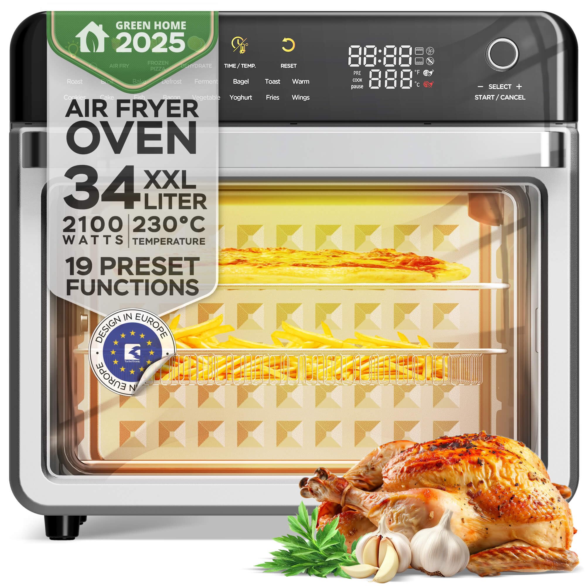 TurboTronic Four multi-intelligent, 19 en 1, four à air chaud, friteuse à air chaud, 2100 W, puissance 34 l, jusqu'à 0,5 kg de frites, mini four avec fonction déshydratation 40-230 °C, grill Airfryer