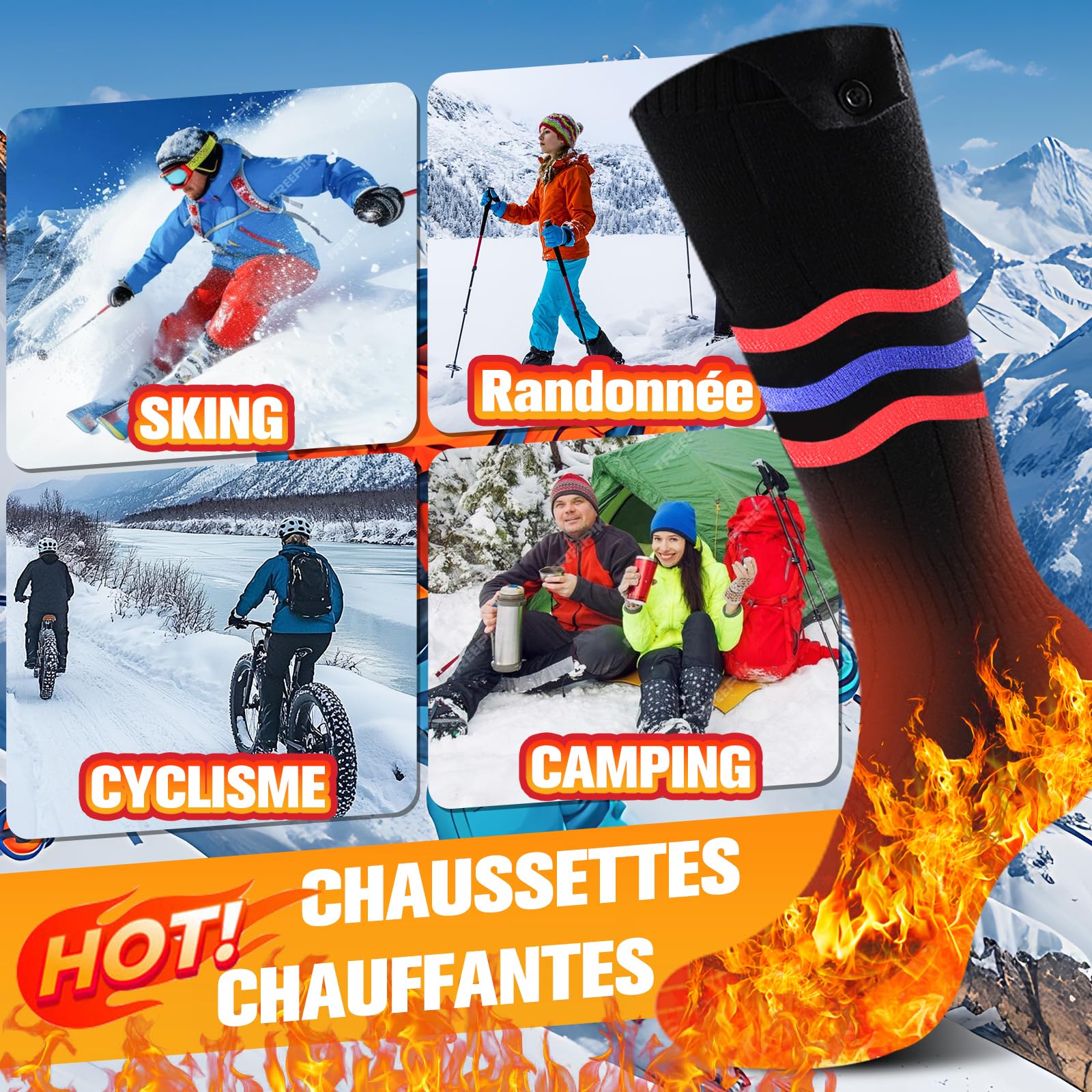 BIBURY Chaussettes Chauffantes Homme Femme, 2×5000mAh Chaussette Chauffante Rechargeables, 3 Niveaux de Chauffe, Lavables Chaussettes Thermiques, Chauffe Pied pour Sports, Ski, Camping, Moto, Cyclisme