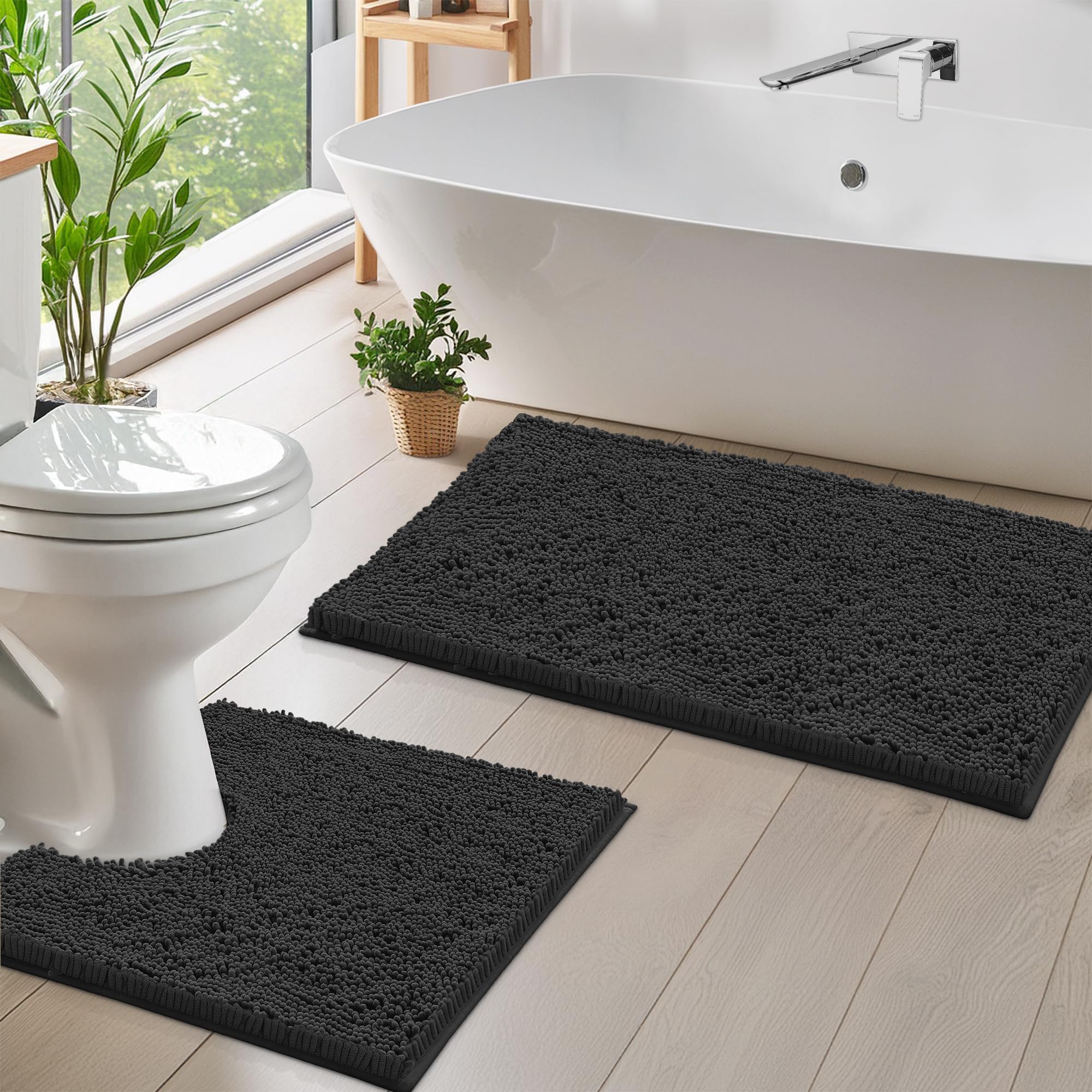 LuxUrux Luxury Chenille (2-Piece) Bath Mat Set, Soft Plush Anti-Slip Rug + Toilet Mat.1'' Microfiber Shaggy Carpet, Super Absorbent (Black, 80 x 50 cm + U Shaped 50 x 50 cm)